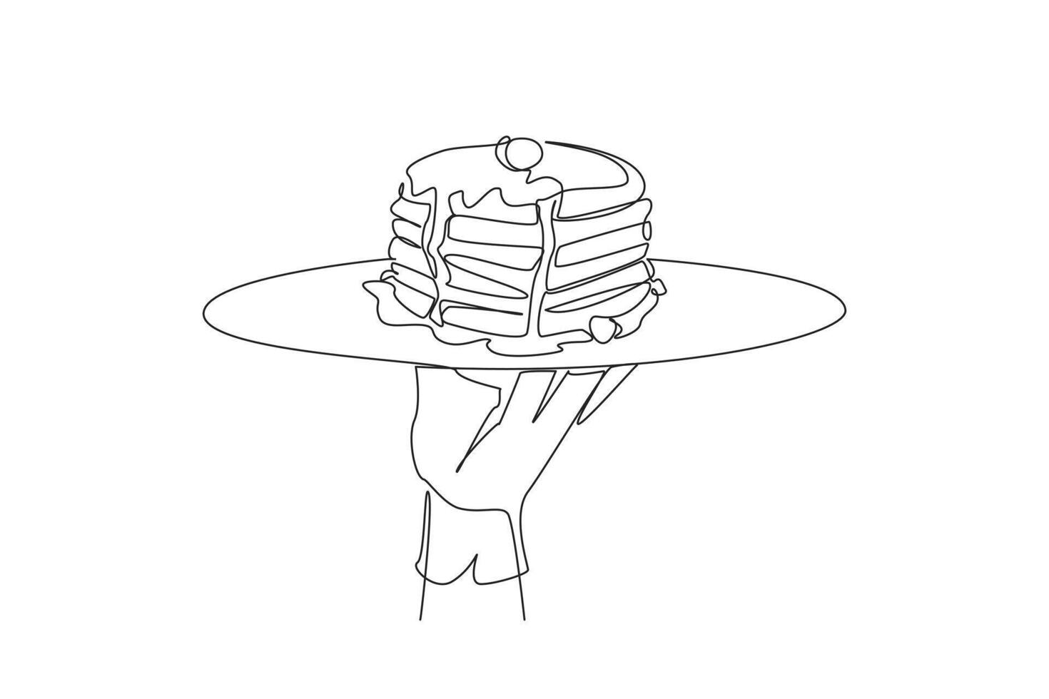 Continuous one line drawing waiter holds a food tray serving pancakes. Traditional Eastern European food. Sweet taste. Stacked cakes. Delicious. Enjoyment. Single line draw design illustration vector