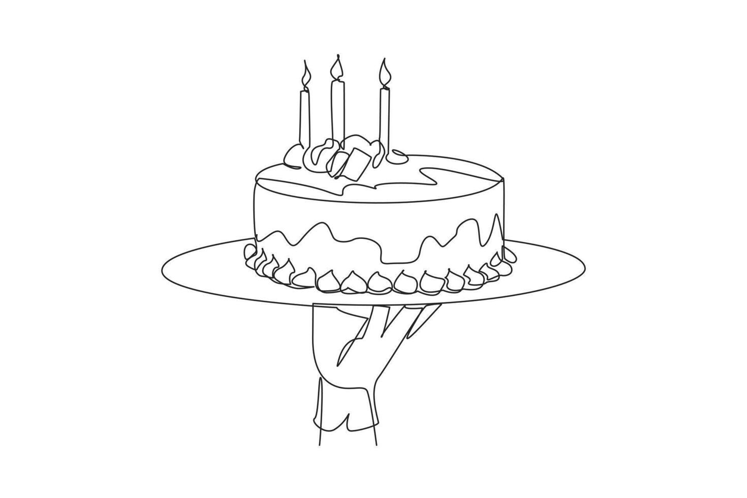 Single one line drawing the waiter holds a food tray serving cake. It has quite high calorie and cholesterol content. Cake with celebration symbols. Sweet. Continuous line design graphic illustration vector