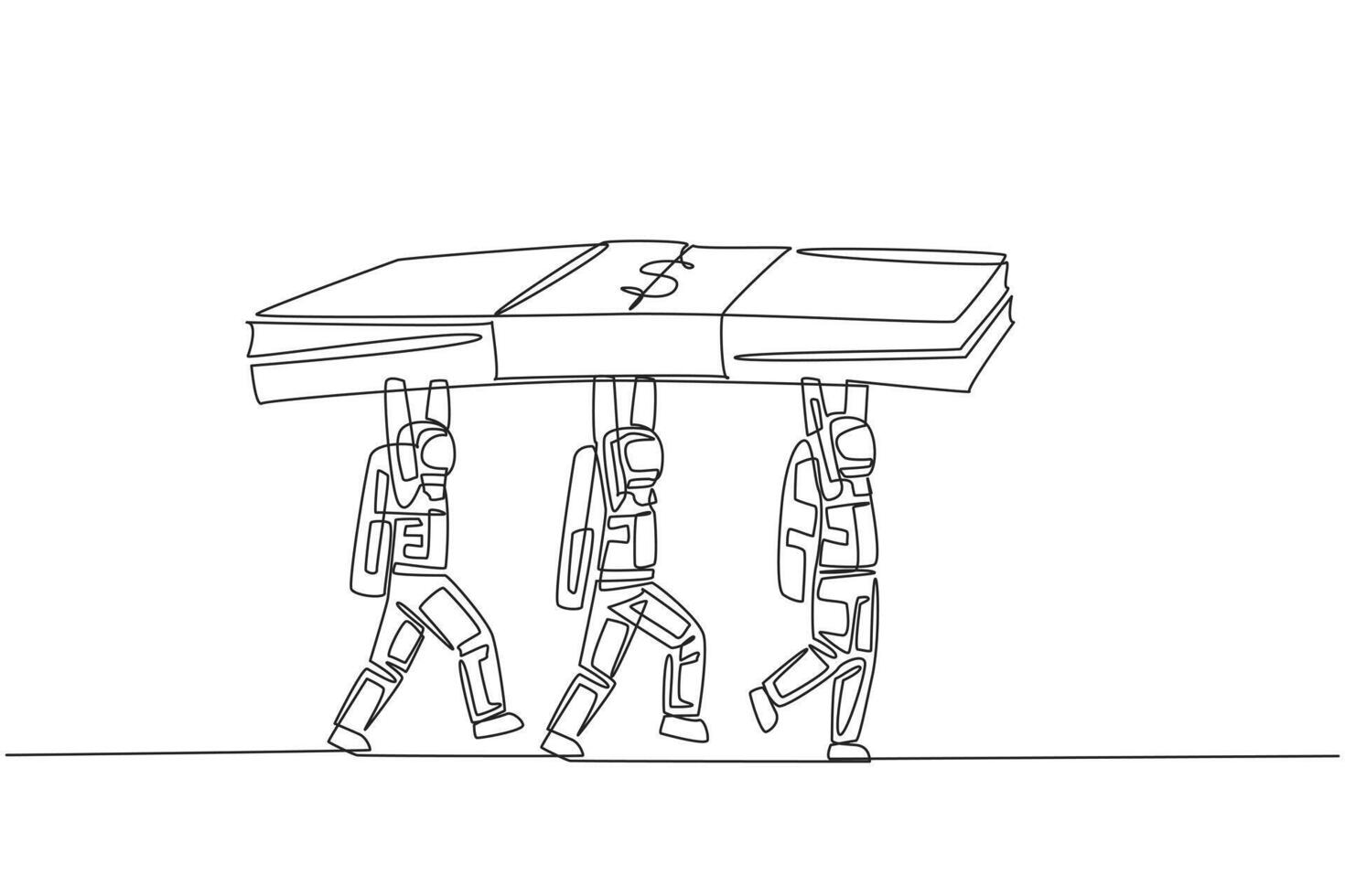 Single continuous line drawing group of astronauts working together carrying stack of banknotes. Work hard together. Mutual benefit. Cosmonaut outer space concept. One line design illustration vector