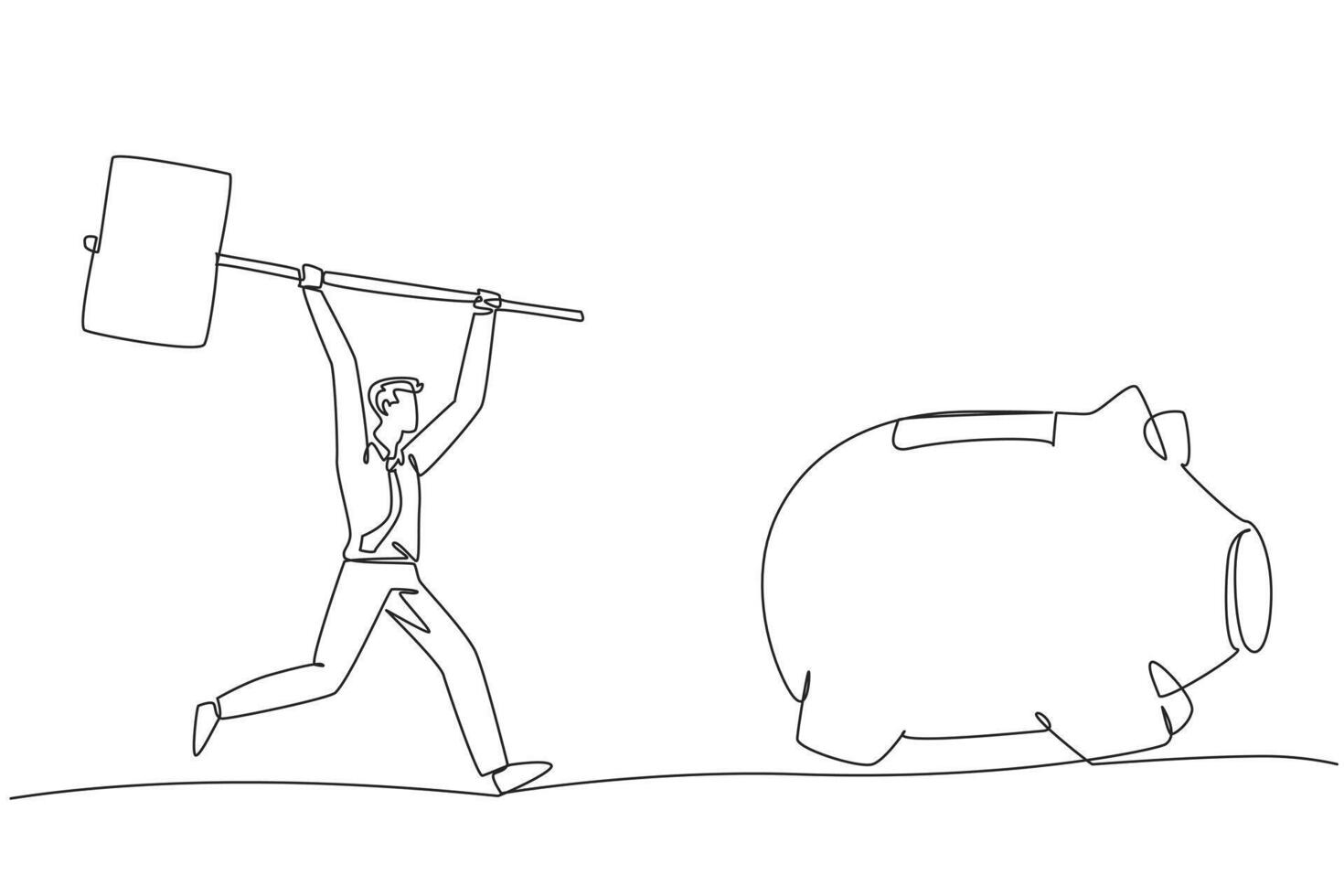 Single continuous line drawing businessman holding a big hammer chasing big running piggy bank. Looking for a solution. Lack of money. Disburse the value of shares. One line design illustration vector