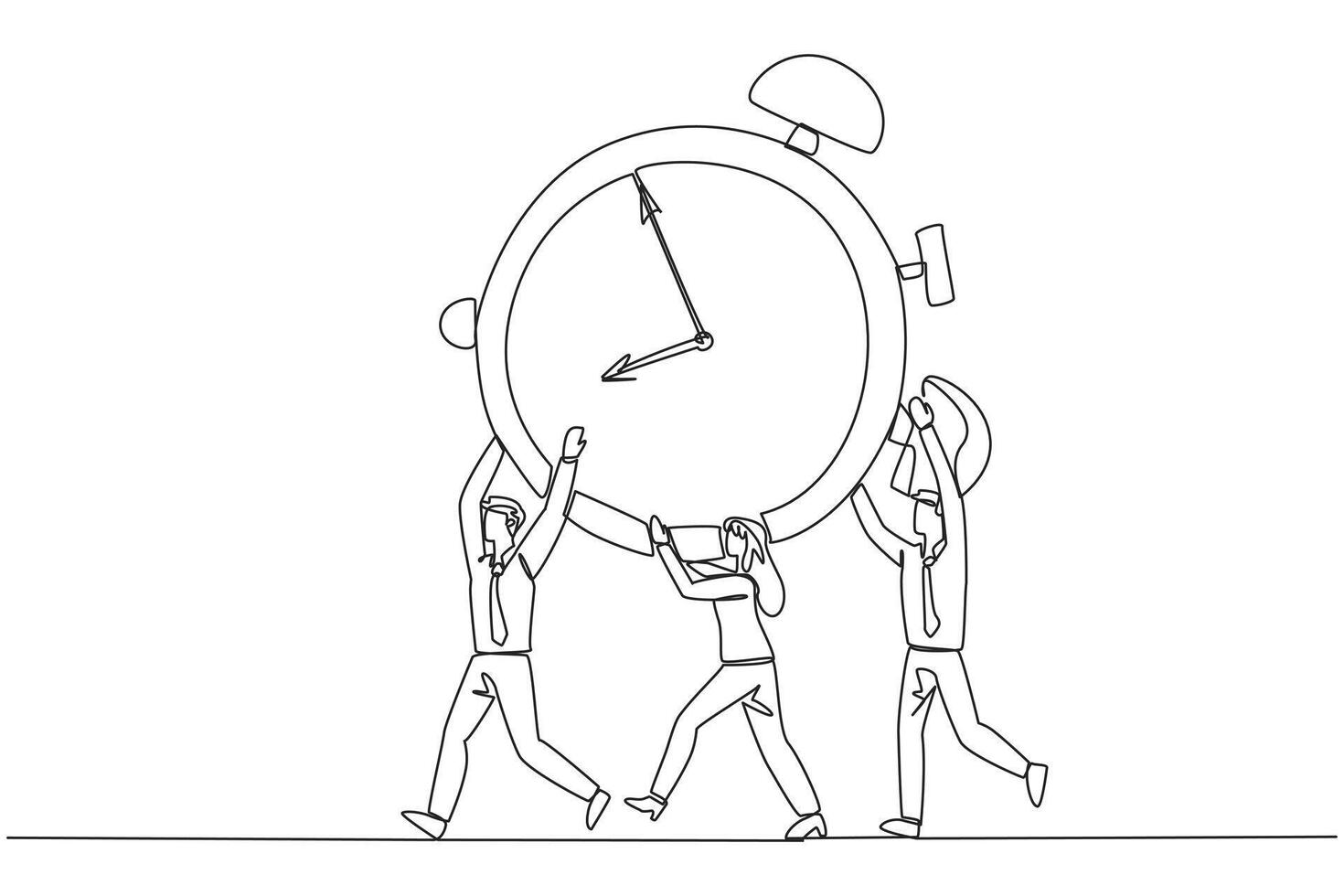 Continuous one line drawing a group of businessmen and businesswomen work together carrying alarm clock. Working together feels easier. Completing deadline. Single line draw design illustration vector