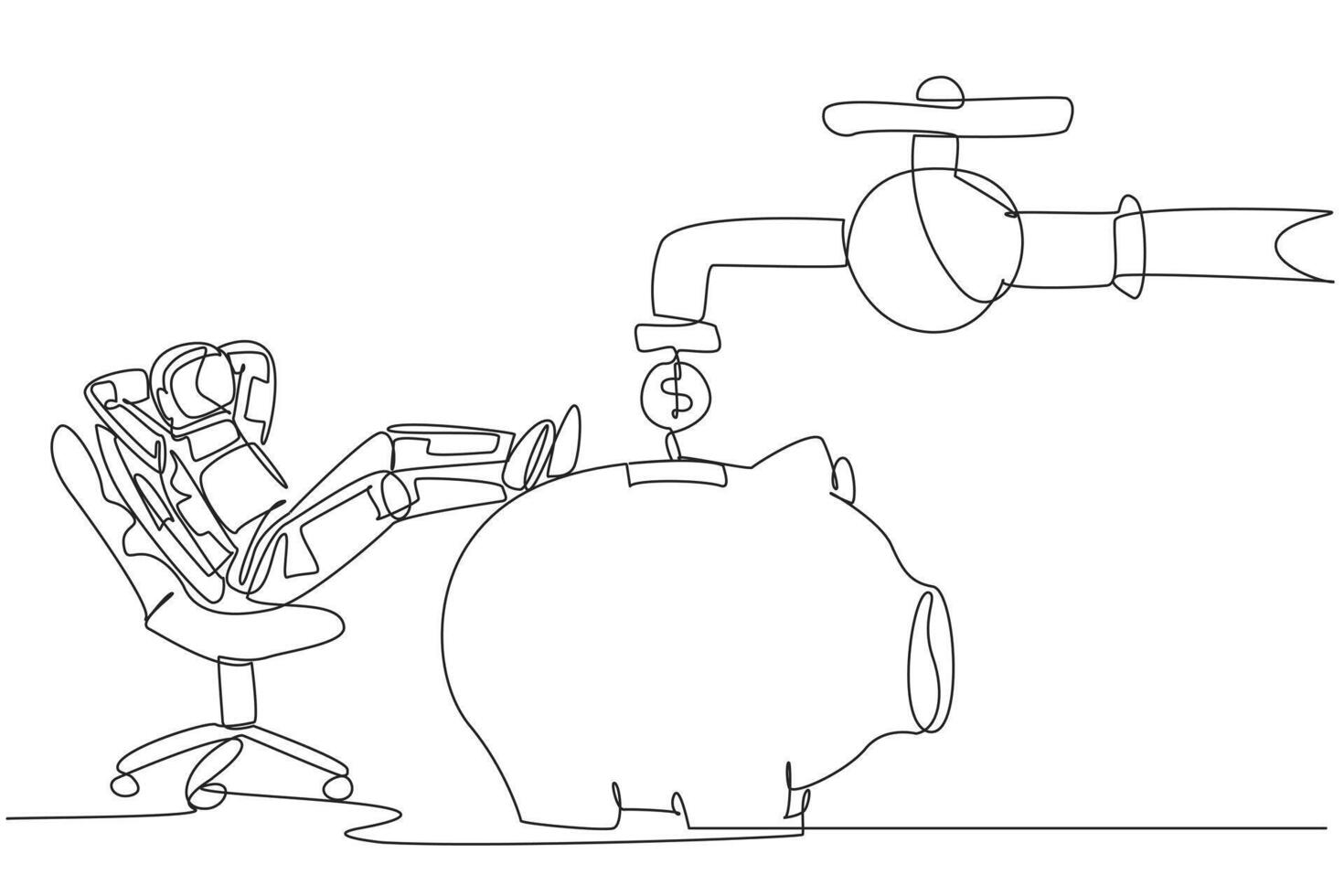 Continuous one line drawing astronaut sit relax on chair to see money faucet flow into savings piggy bank. Donations continue to flow. Cosmonaut deep space. Single line draw design illustration vector