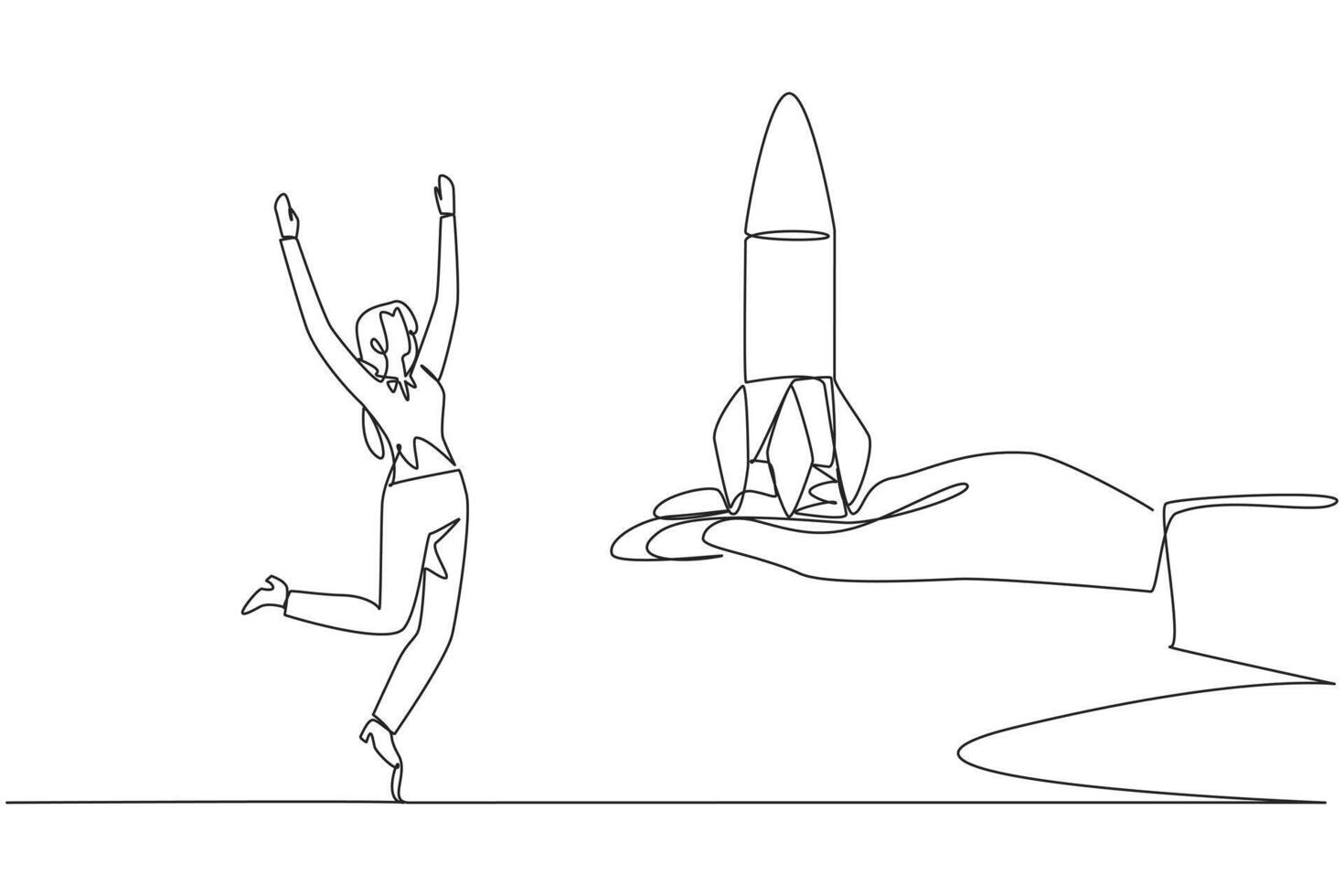 Continuous one line drawing the businesswoman is happy to get rocket from the giant hand. Get an offer to manage the newest business that will open soon. Single line draw design illustration vector
