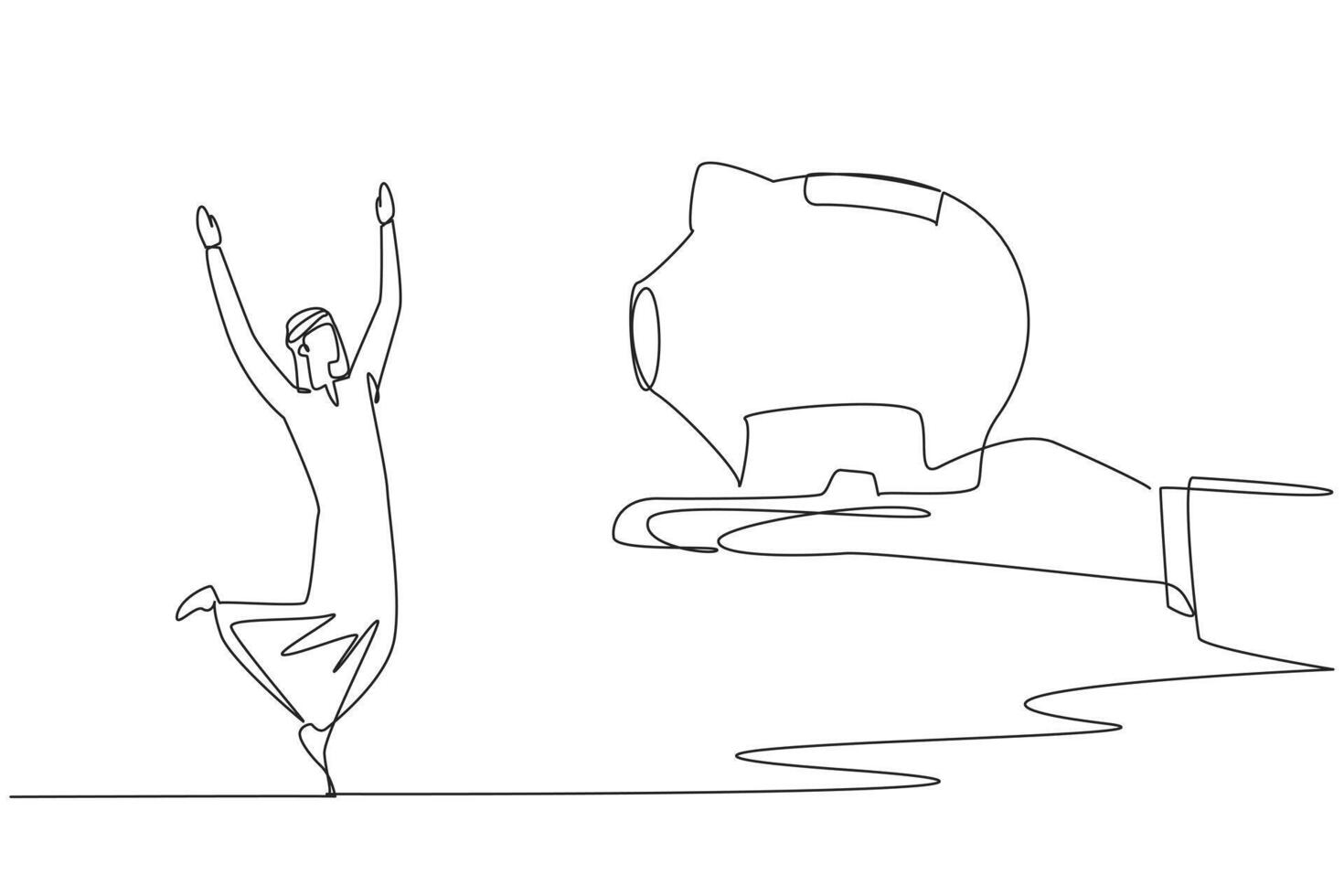 Continuous one line drawing Arab businessman happy to get a piggy bank from giant hand. Board of directors trust. Turning investments into amazing profits. Single line draw design illustration vector