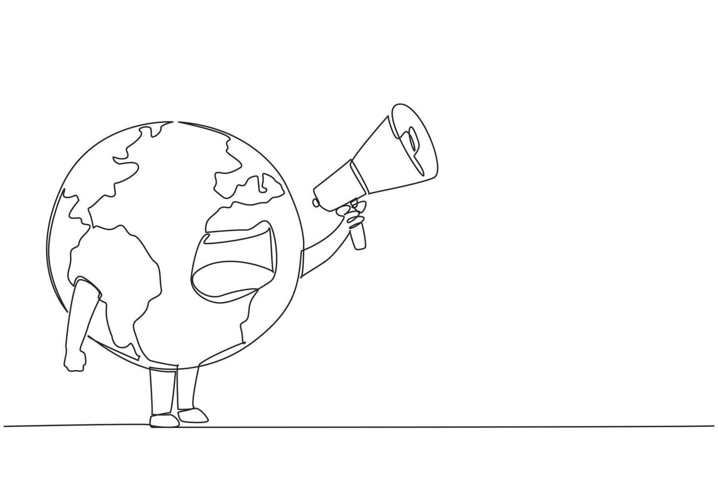 Continuous one line drawing globe holds and places the megaphone in front of his mouth. Care more about the earth. Protect the earth. Saving the planet. Single line draw design illustration vector