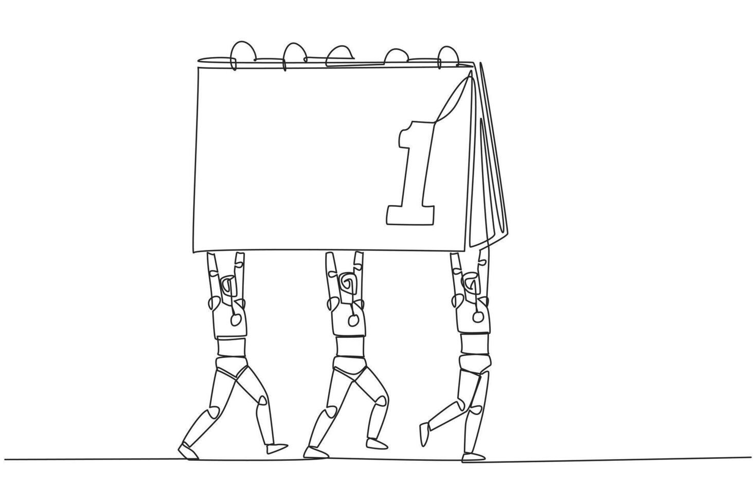 Continuous one line drawing a group of robots work together carrying a desk calendar. Able to manage schedule. Perfect artificial intelligence. Technology. Single line draw design illustration vector