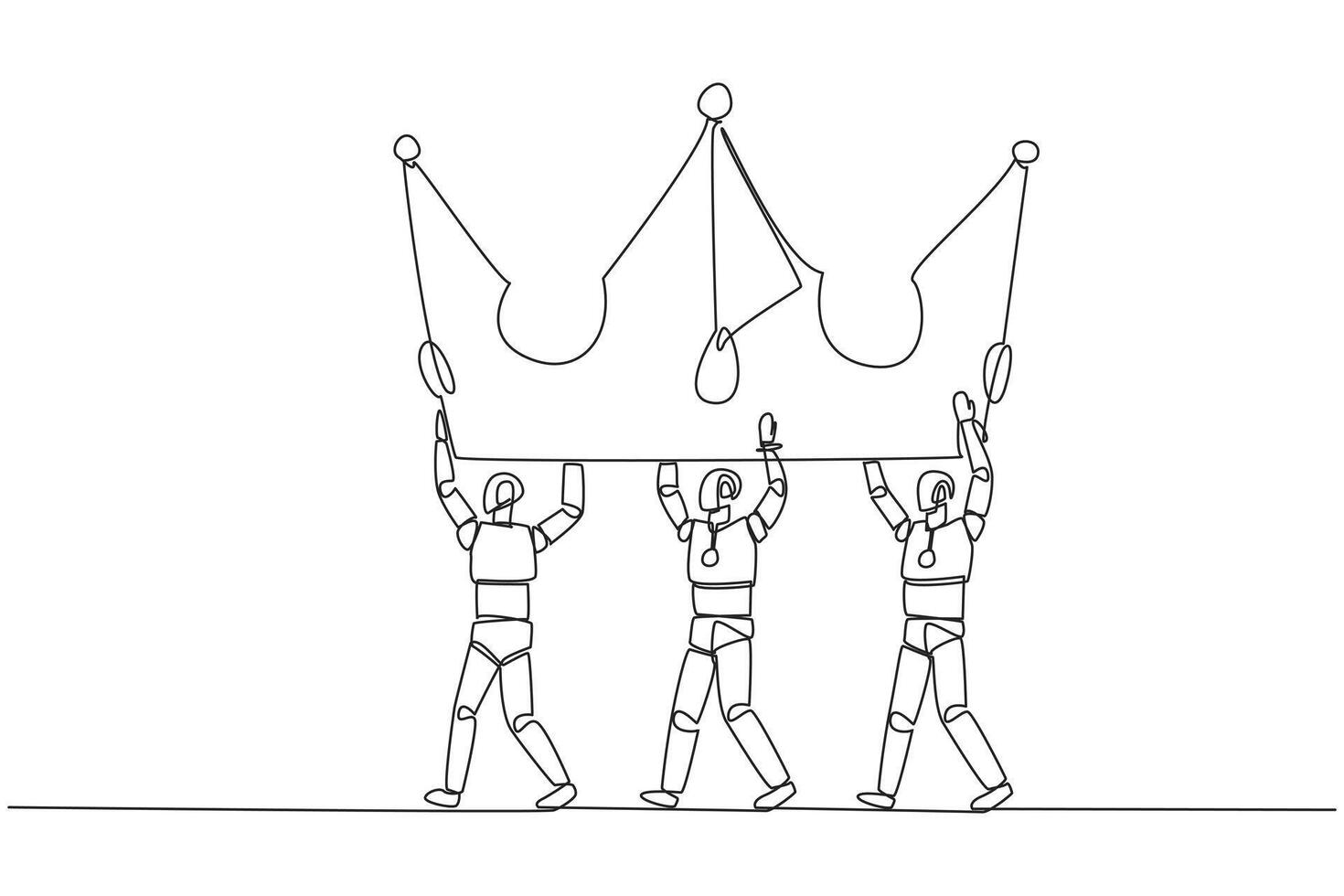 Continuous one line drawing group of robots work together to carrying crown. King in the world of technology. Artificial intelligence is developing rapidly. Single line draw design illustration vector