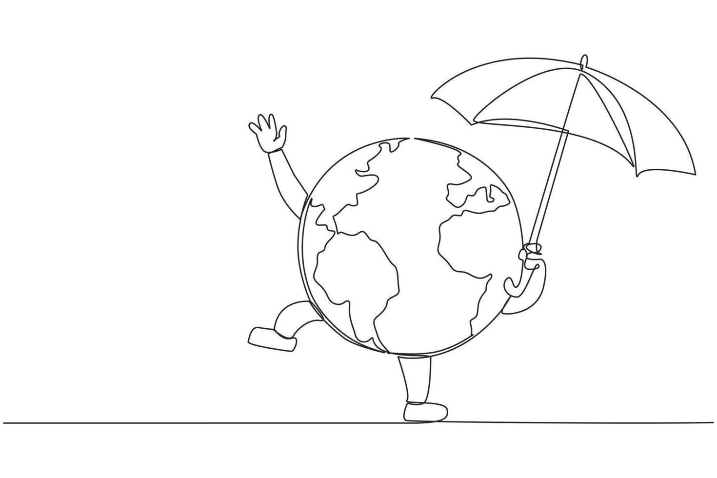 Continuous one line drawing globe holding an umbrella. Protects the earth's ozone layer from perforating. The air remains healthy. No extreme weather. Single line draw design illustration vector