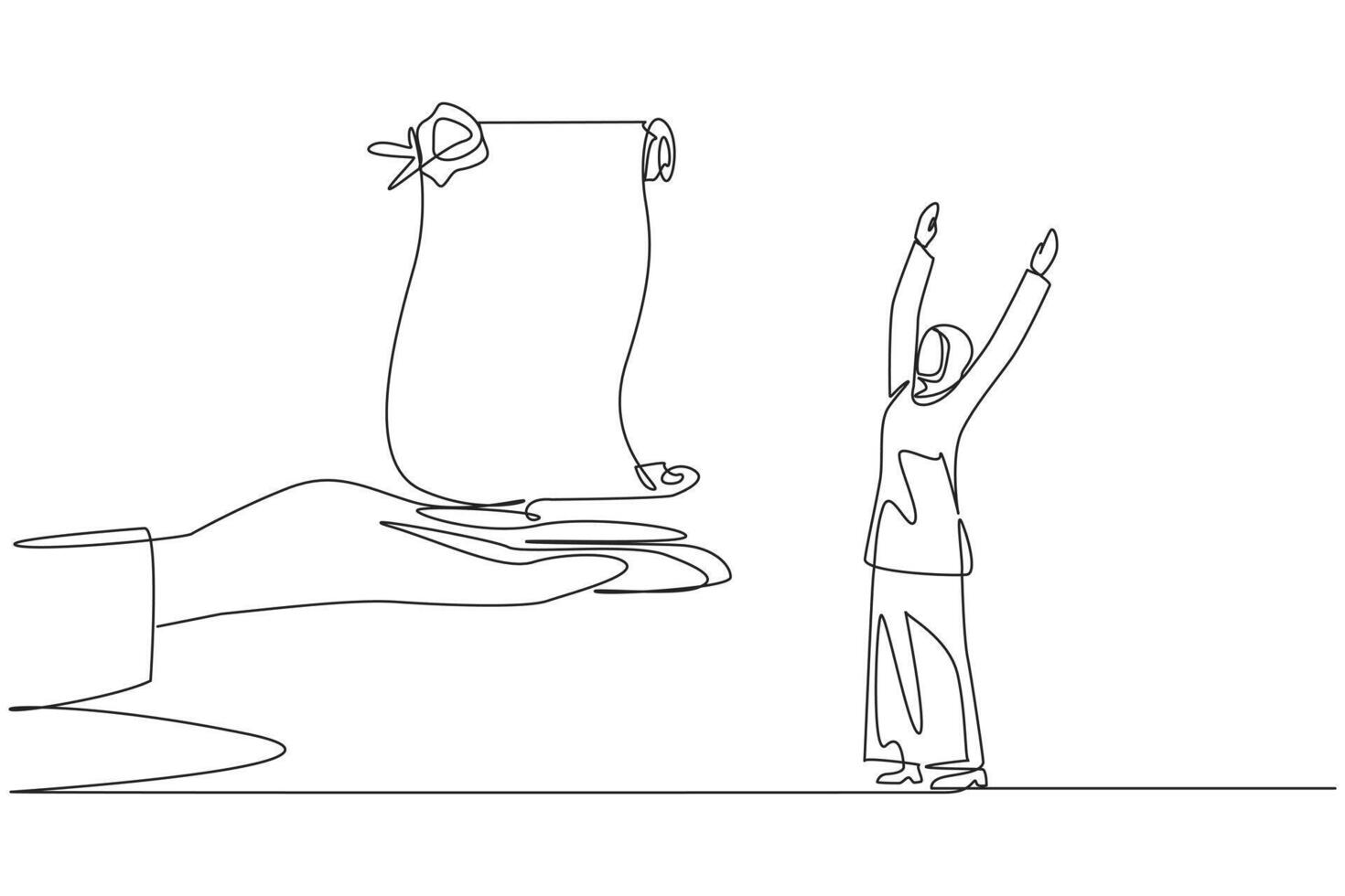 Single continuous line drawing Arabian businesswoman excited to get roll of stamped paper from the giant hand. Vintage. Important announcement. Brilliant career. One line design illustration vector