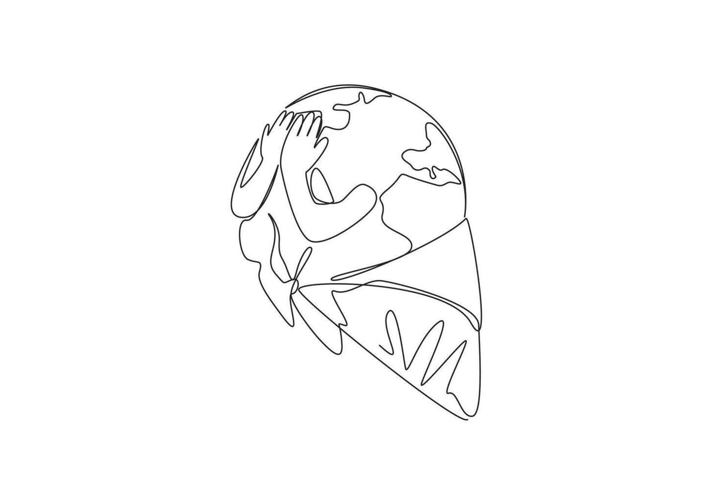 Single one line drawing the globe becomes melting ice cream cone. The heat of the earth makes the ice melt and drip quickly. The concept of a warming earth. Continuous line design graphic illustration vector