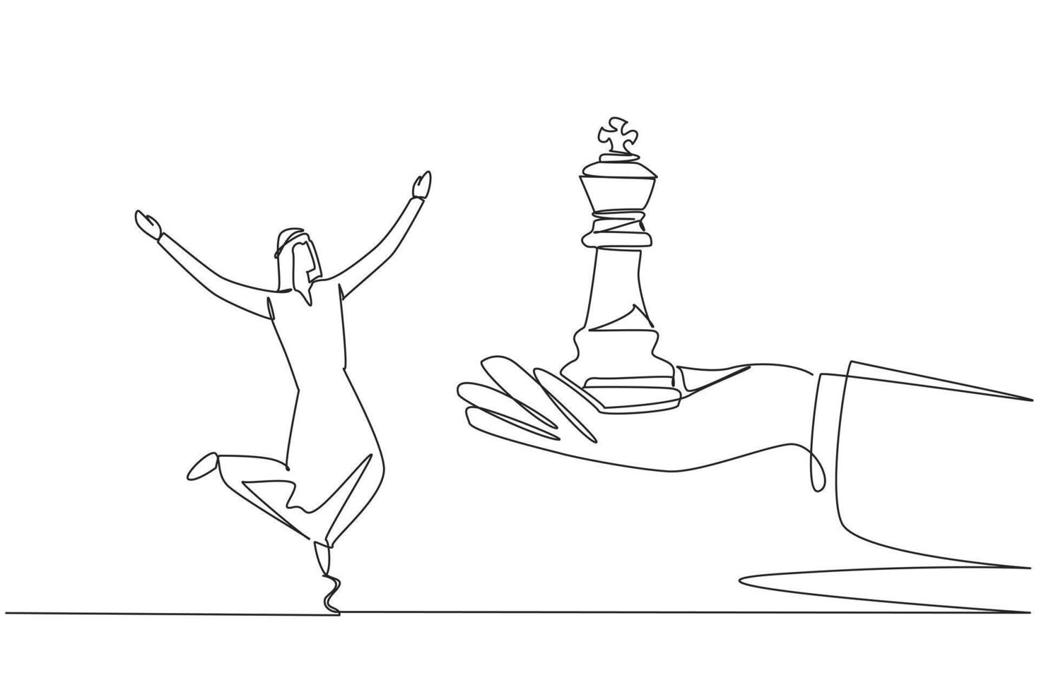 Single continuous line drawing young Arabian businessman excited to get king's chess piece from giant hand. Get support from a team of experts. Business progress. One line design illustration vector