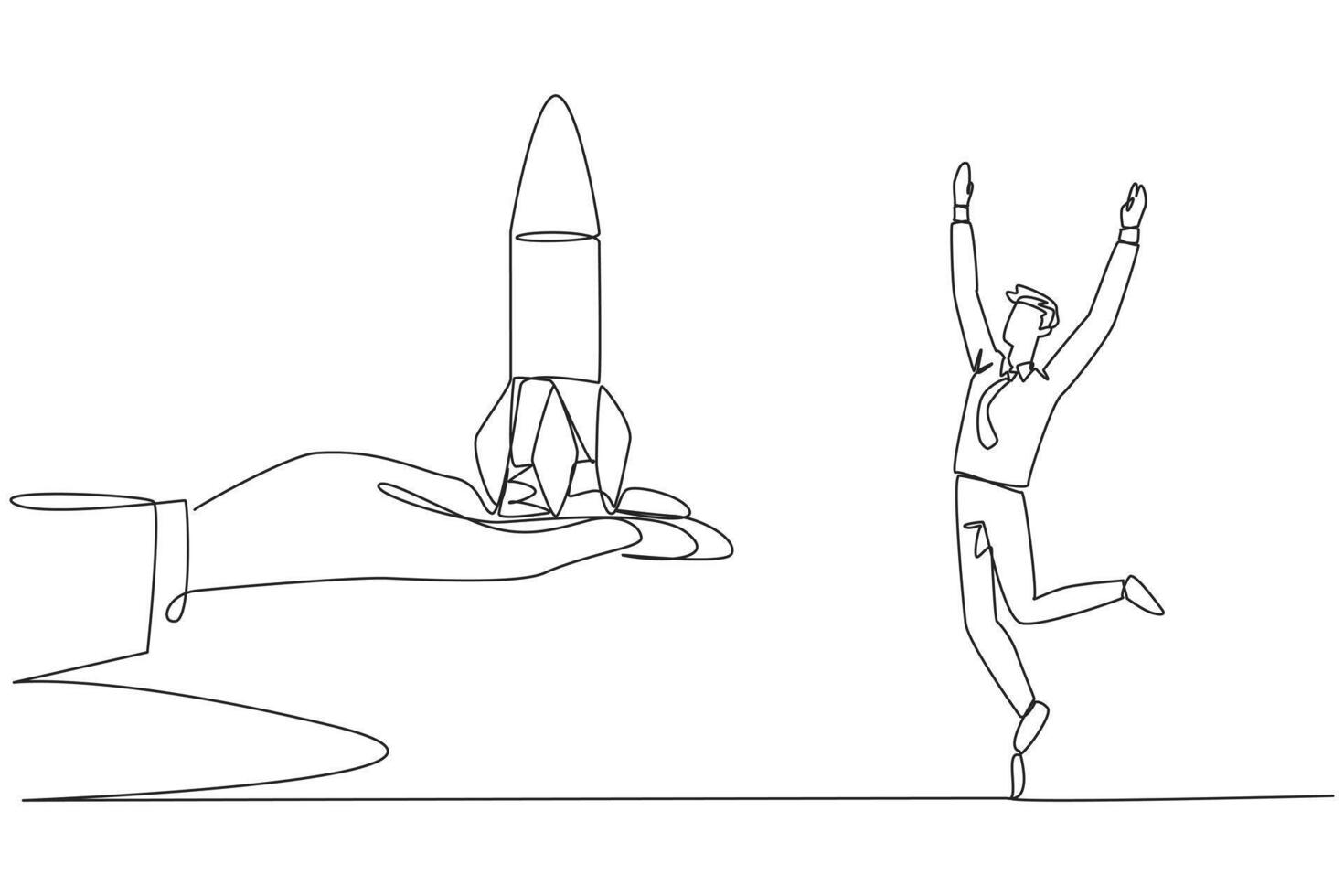 Single one line drawing the businessman is happy to get rocket from the giant hand. Entrusted to take care of newly opened business branches. Get promotion. Continuous line design graphic illustration vector