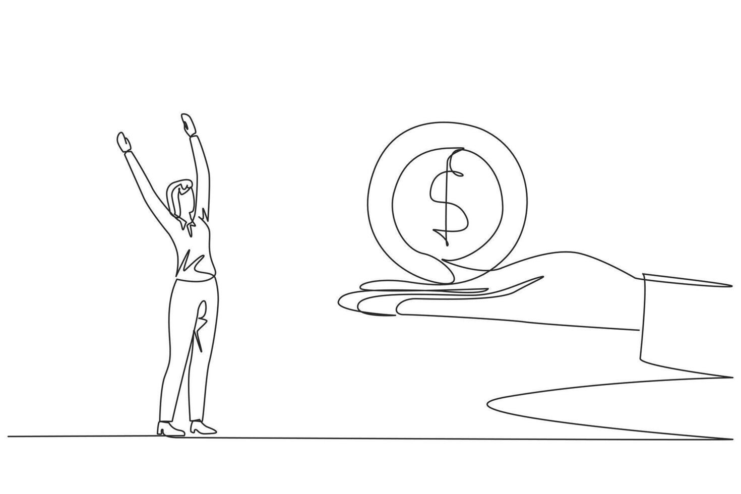 Single continuous line drawing the businesswoman is excited to get a dollar symbol coin from giant hand. A little extra capital. Use it for profit. Important gift. One line design illustration vector