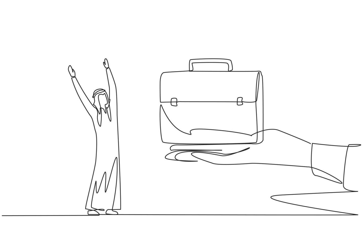 soltero uno línea dibujo árabe empresario estaba emocionado a obtener el maletín desde gigante mano. recompensas para facilitar de negocio viajar. creciente el ganancia. continuo línea diseño gráfico ilustración vector