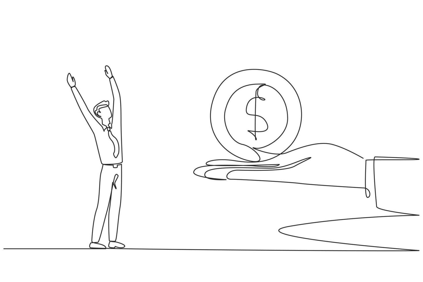Continuous one line drawing the businessman is excited to get a dollar symbol coin from a giant hand. The most important gift. Can be used for urgent needs. Single line draw design illustration vector