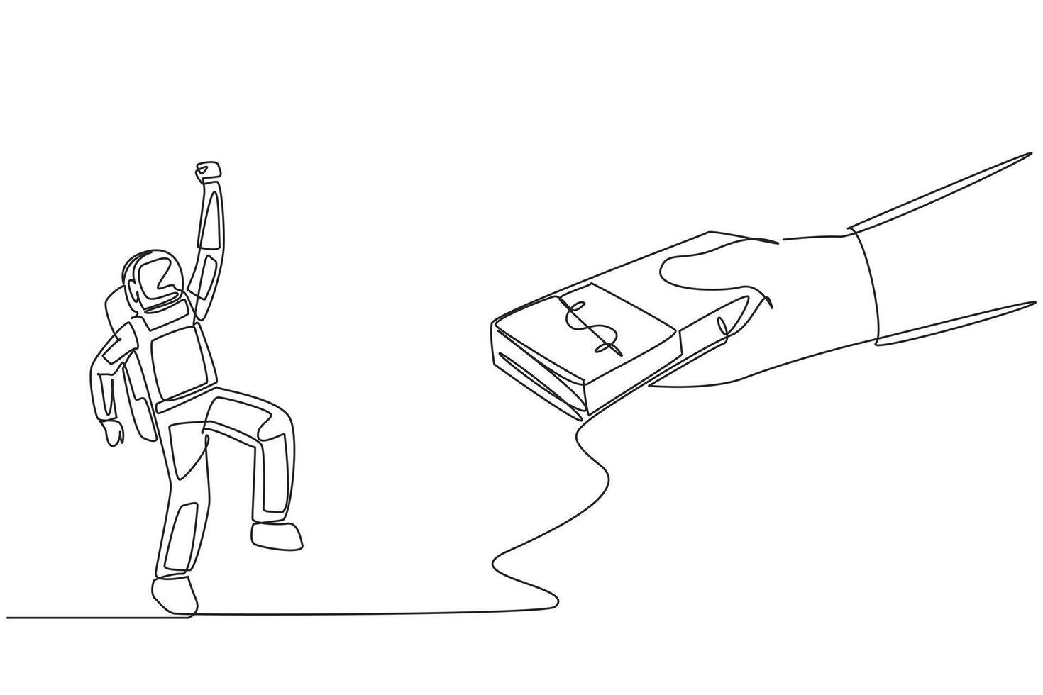 Single continuous line drawing astronaut excited to get a stack of banknotes from giant hand. Receive fair payment. Capital for the next space expedition. Spaceman. One line design illustration vector