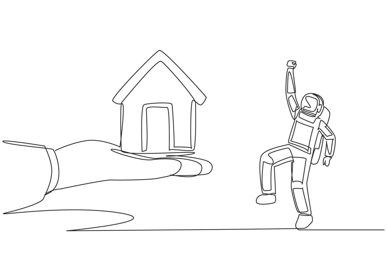 Continuous one line drawing the astronaut excited to get a miniature house from giant hand. The astronaut arrives back home. Rest. Cosmonaut outer space. Single line draw design illustration vector