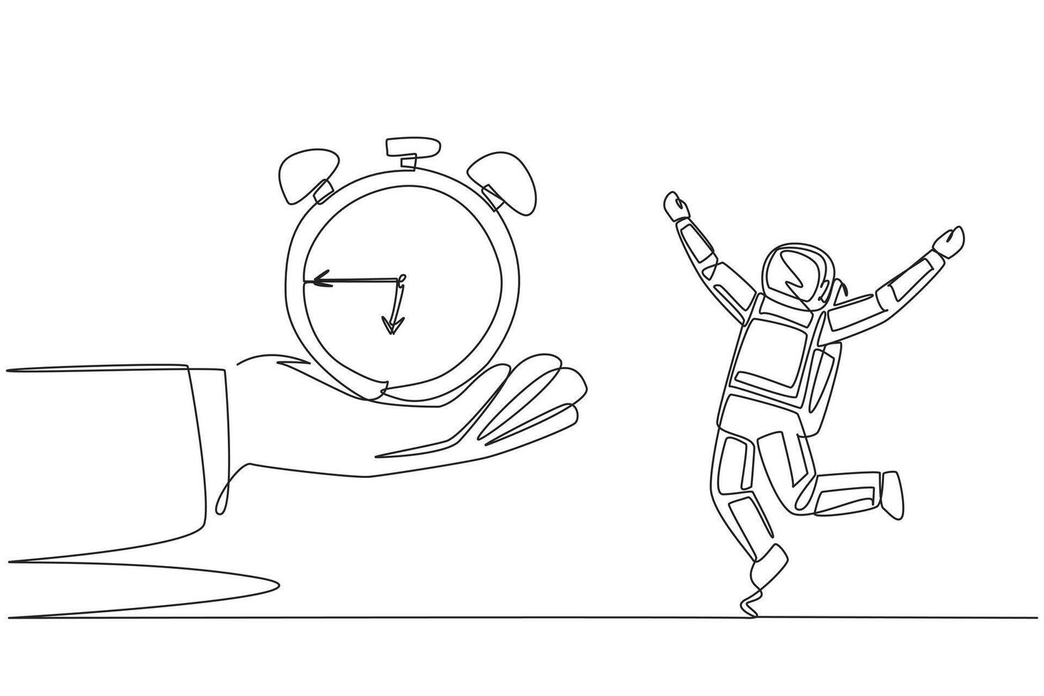 Single one line drawing astronaut excited to get alarm clock from the giant hand. Antique and classic clock shape. Loud alarm sound. Reminder. Cosmonaut. Continuous line design graphic illustration vector