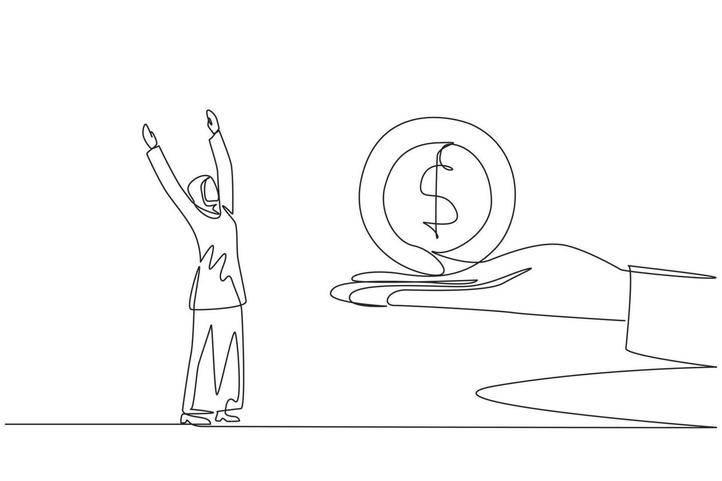 Continuous one line drawing Arabian businesswoman is excited to get dollar symbol coin from a giant hand. Good news. Always make a profit. Good team work. Single line draw design illustration vector