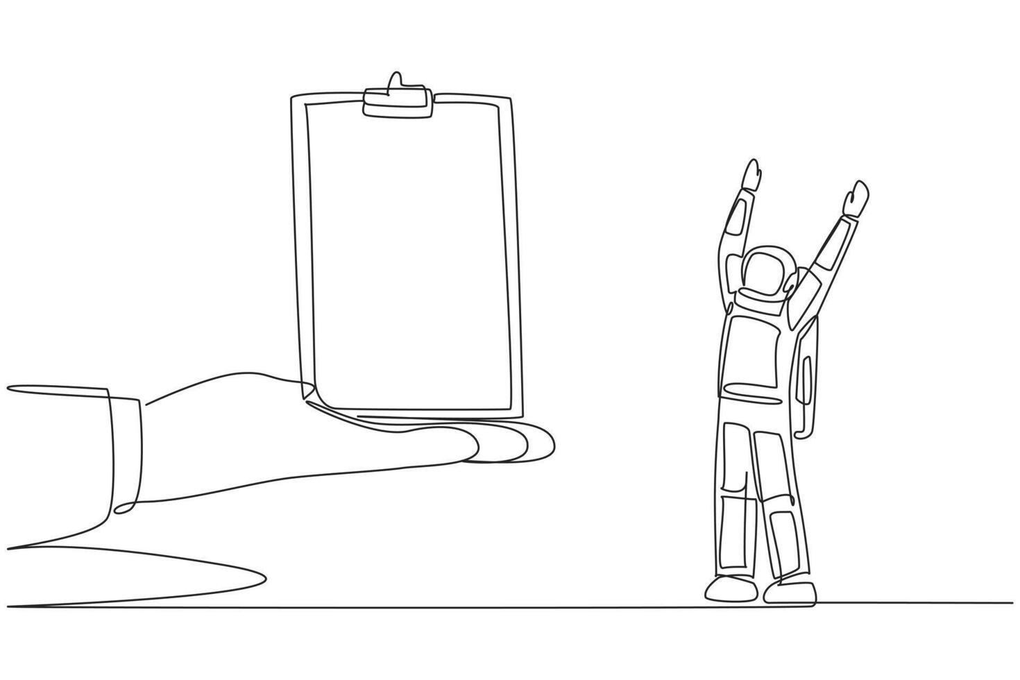 Continuous one line drawing the astronaut was excited to get the clipboard from a giant hand. Making checklists. Manual expedition recording. Cosmonaut. Single line draw design illustration vector