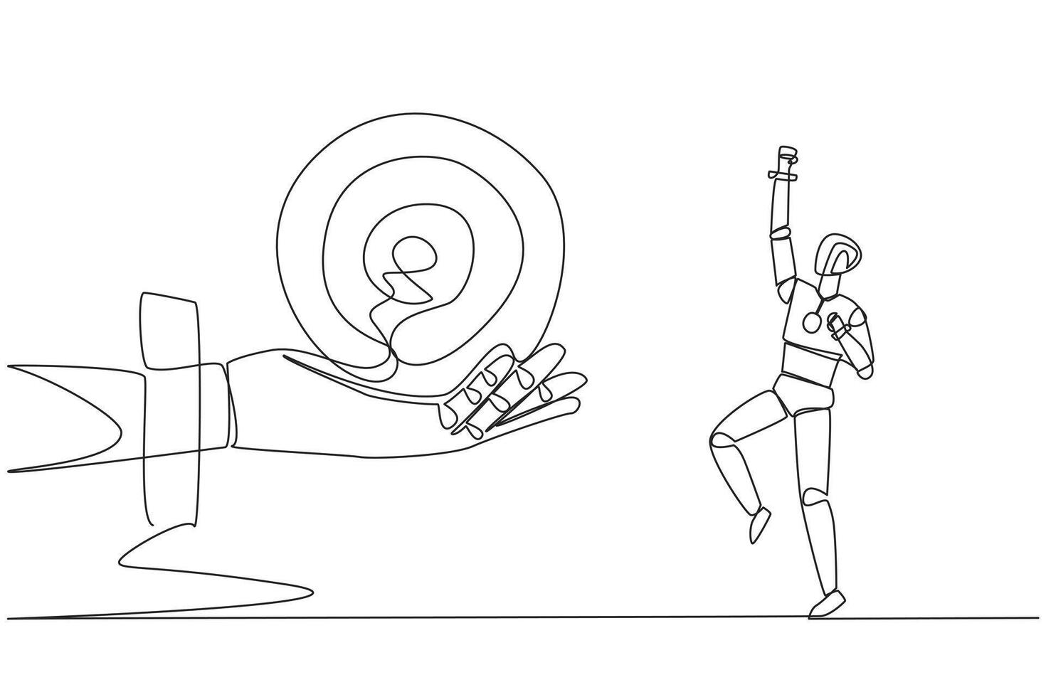 Single continuous line drawing robot was excited to get the arrow target board from a giant hand. Train focus. Hit the target exactly. Future technology concept. One line design illustration vector