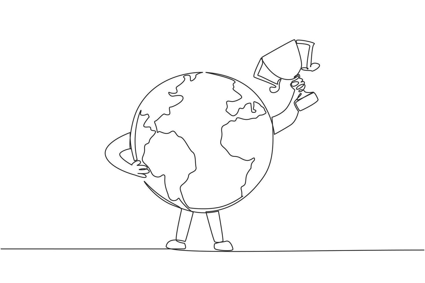 Single one line drawing globe raised the trophy with one of his hands. The best place for all living things. Keeping the earth green. Saving the earth. Continuous line design graphic illustration vector
