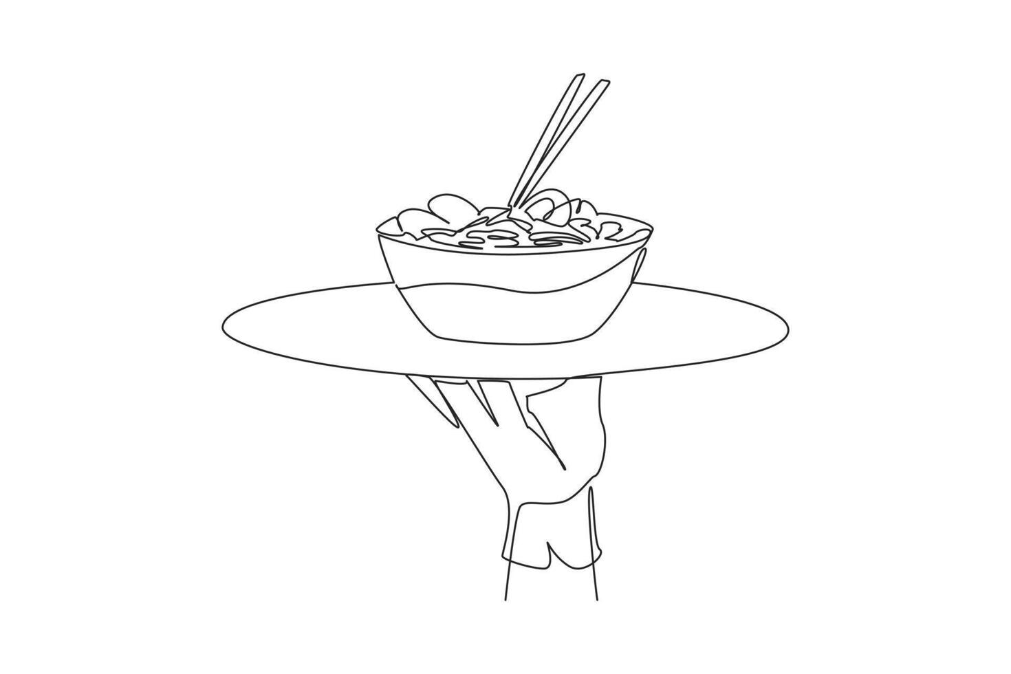 Continuous one line drawing waiter holding food tray serving noodles. Food with several toppings. Eggs, meat, vegetables. Delicious. Chopsticks. Thai food. Single line draw design illustration vector