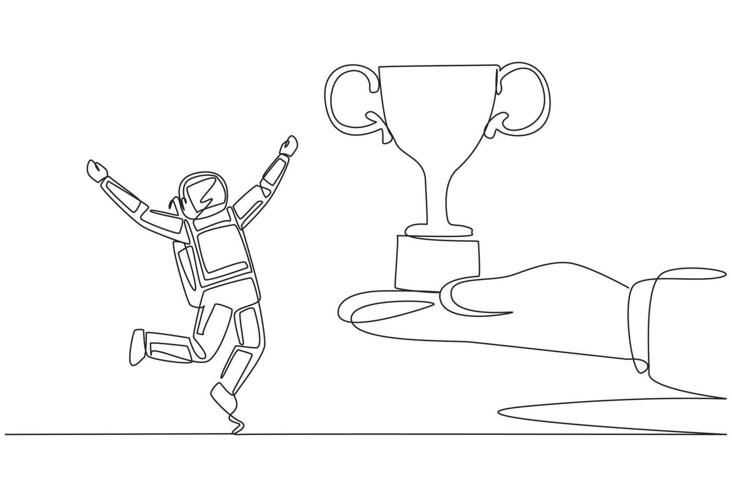 Single continuous line drawing young astronaut happy to get the trophy from the giant hand. Competition winner. Champion. Space journalist. Cosmonaut deep space. One line design illustration vector