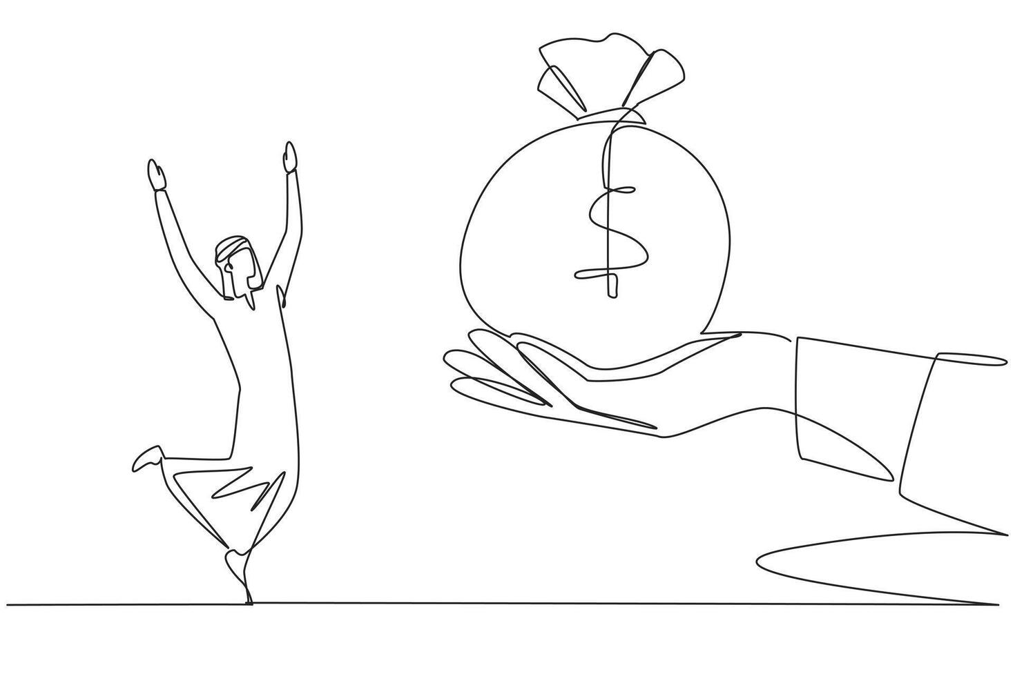 Single one line drawing Arabian businessman was excited to get the money bag from giant hand. Proud gift. Achievement of success. Big bonuses. Brilliant. Continuous line design graphic illustration vector