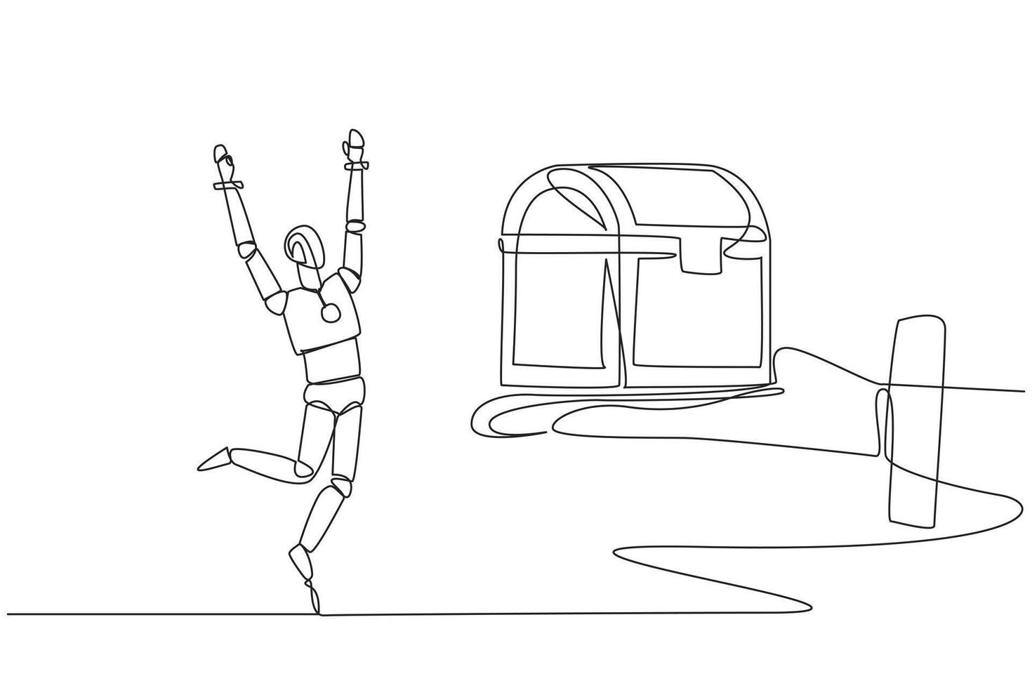 Continuous one line drawing robot was excited to get the treasure chest from the giant hand. Valuable discovery. The forerunner of artificial intelligence. Single line draw design illustration vector