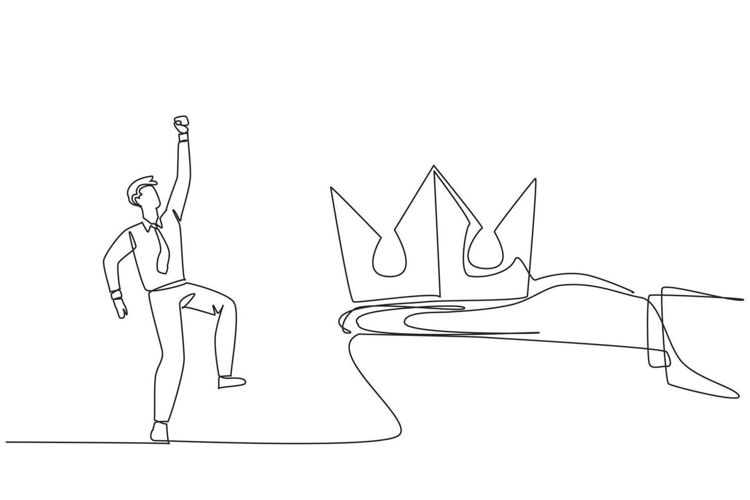 Single continuous line drawing the businessman is happy to get the crown from the giant hand. Continuing the throne of the business empire. Must be more successful. One line design illustration vector