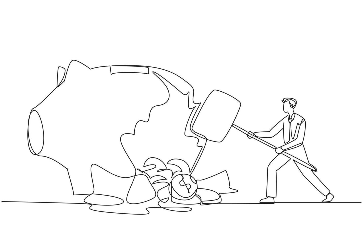 Single one line drawing businessman hit big piggy bank with a big hammer until it cracked. Coins scattered around. Urgent needs. Save the office. Bankrupt. Continuous line design graphic illustration vector