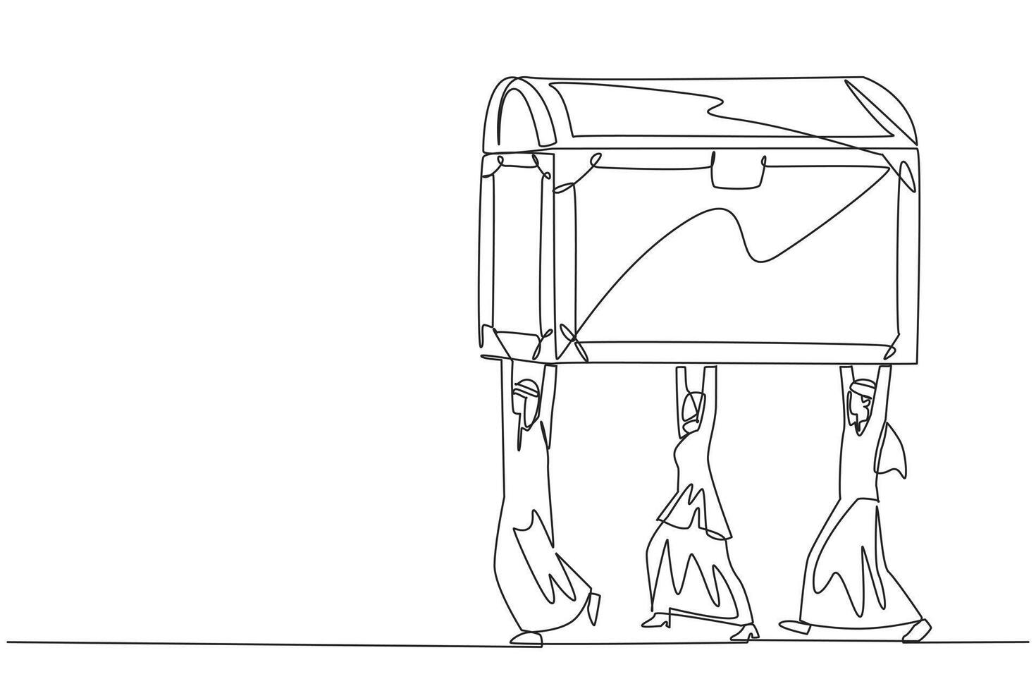 Continuous one line drawing group of Arab businessmen and Arab businesswomen work together carrying treasure chest. Multiple profits that are worth getting. Single line draw design illustration vector