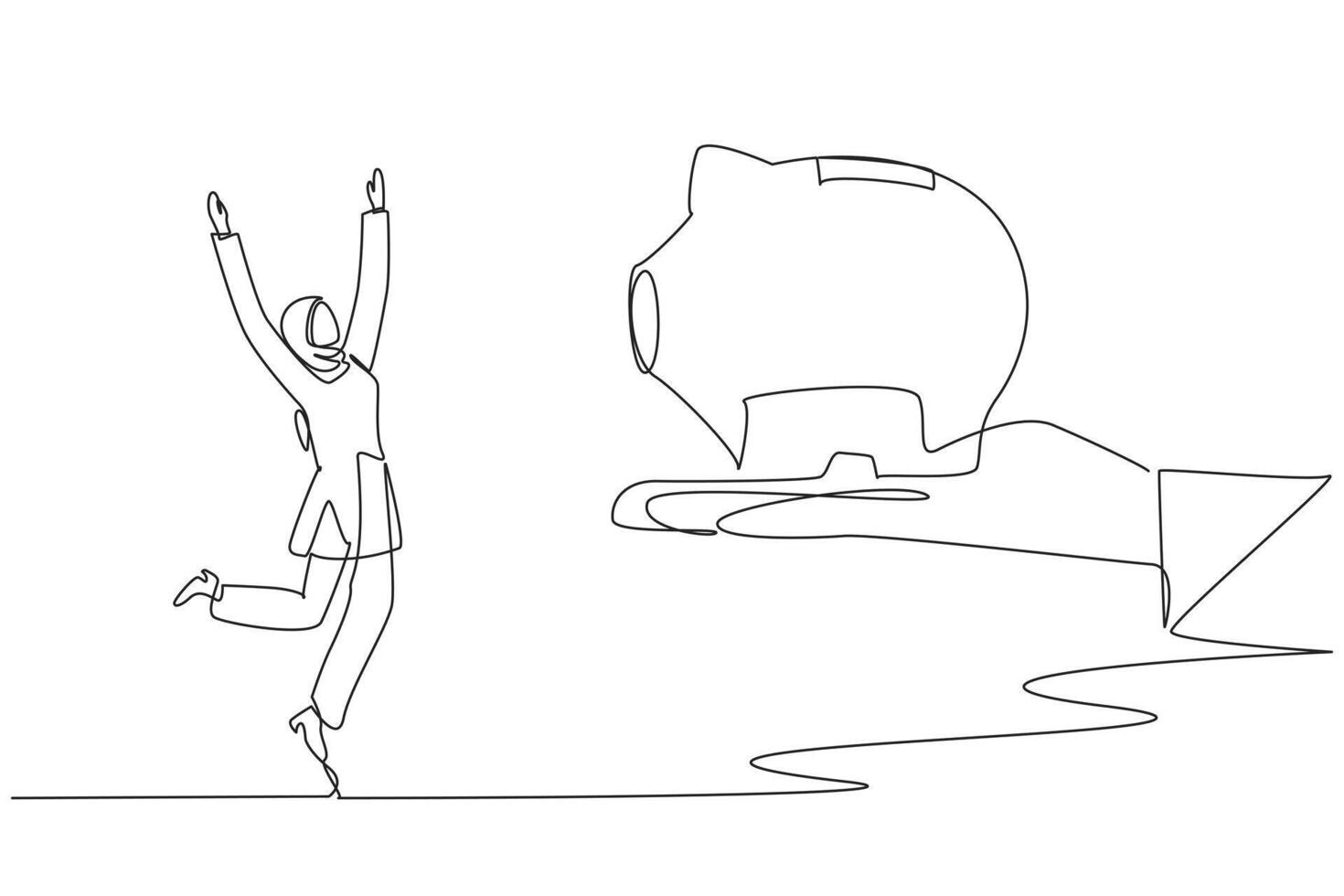 Single continuous line drawing young Arabian businesswoman happy to get a piggy bank from giant hand. Investment value continues to increase. A satisfying success. One line design illustration vector