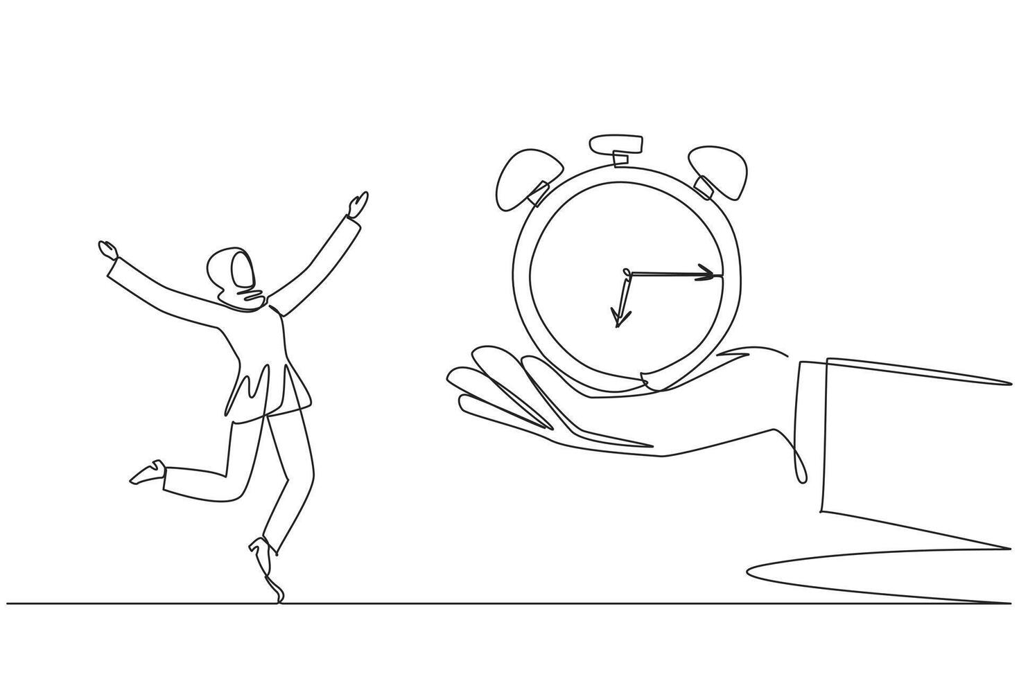 Single one line drawing young Arabian businesswoman excited to get alarm clock from the giant hand. Reminder. Set time to complete deadlines. Success. Continuous line design graphic illustration vector