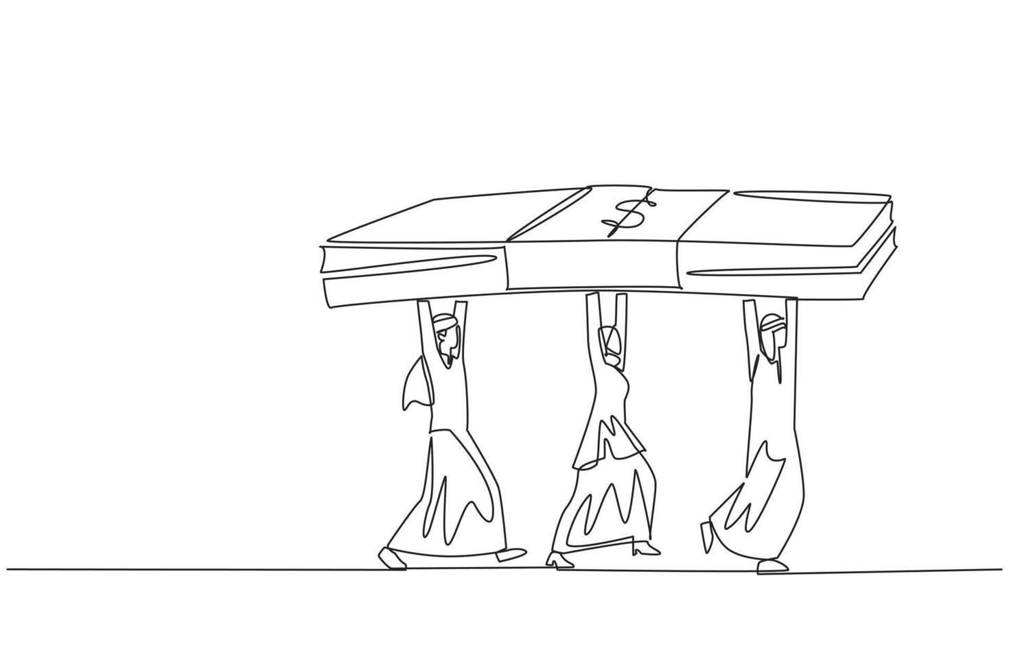 Single one line drawing group of Arab businessmen and businesswomen working together carry stack of banknotes. Make maximum use of large capital. Profit. Continuous line design graphic illustration vector