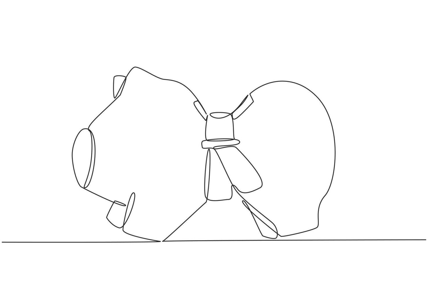 Continuous one line drawing tighten the belt around the piggy bank's stomach. Reduce unnecessary costs. Avoid financial crisis. Avoid recession. Save money. Single line draw design illustration vector