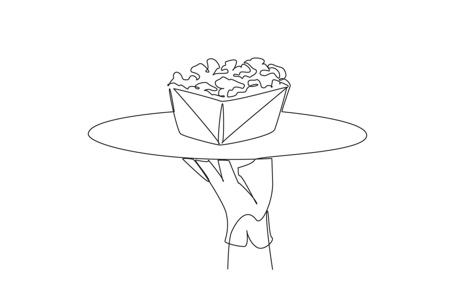 Single continuous line drawing the waiter holds a food tray serving popcorn. Made from popcorn. Avoid aging. Friends when watching movie. Has a salty taste. Snacks One line design illustration vector