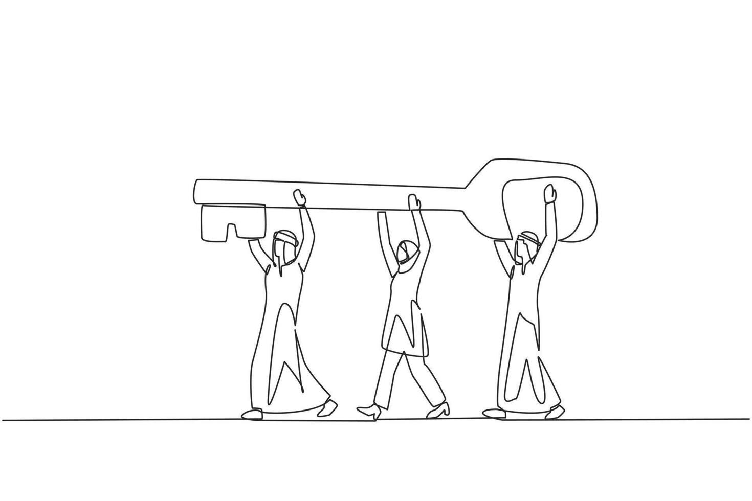 Single continuous line drawing group of Arab businessmen and Arab businesswomen work together carrying the key. Work hard together. Solutions for stuck businesses. One line design illustration vector