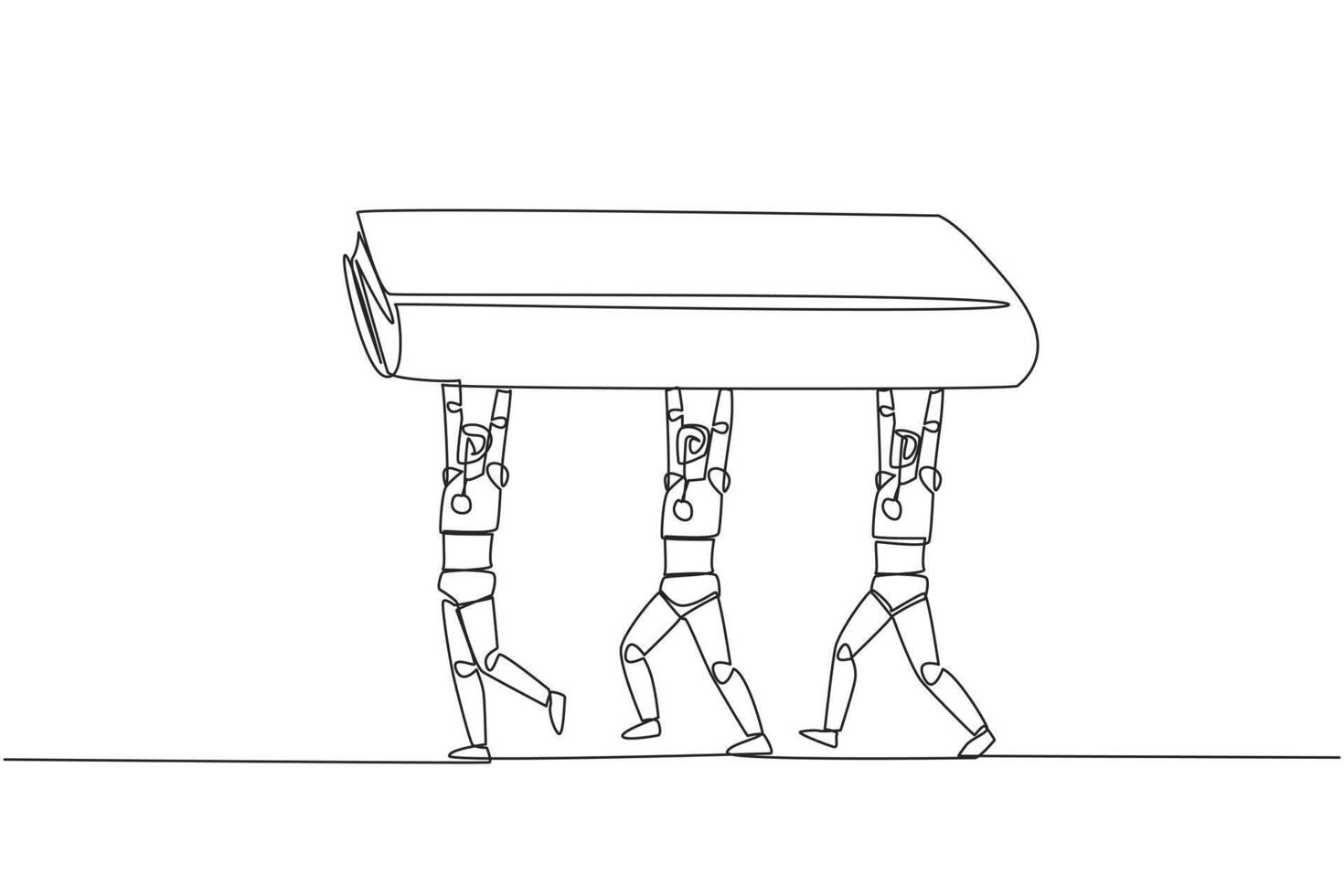 Single one line drawing a group of robots work together carrying a book. Implementation of artificial intelligence. Adding knowledge to robots. Technology. Continuous line design graphic illustration vector
