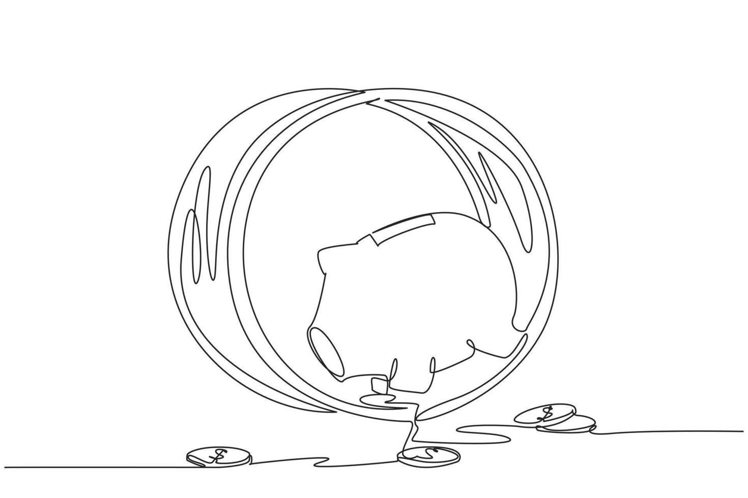 Single continuous line drawing piggy bank runs on the running wheel. The coins are scattered. Repetitive routine. Spending a lot of money. No calculations. Debt. One line design illustration vector