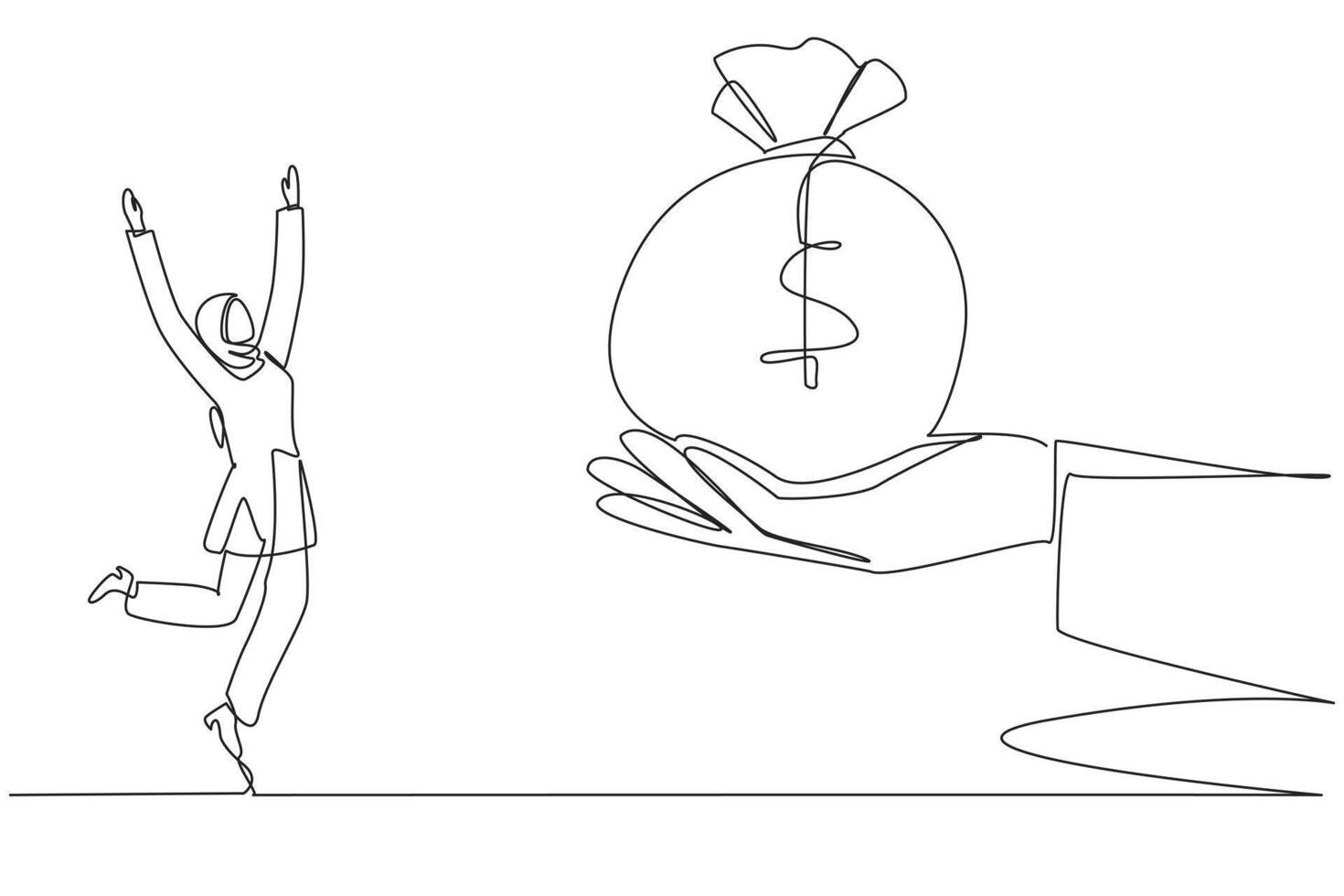 Single continuous line drawing Arabian businesswoman was excited to get the money bag from giant hand. Very big success. Make rewards an encouragement. Brilliant. One line design illustration vector