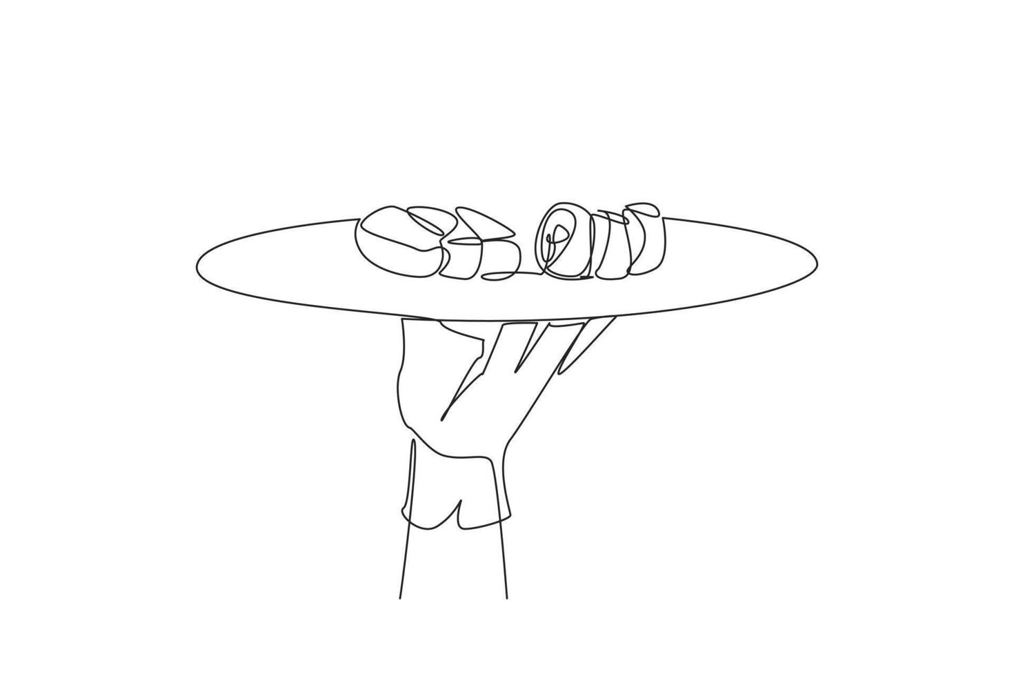 Single continuous line drawing waiter holding food tray serving sushi. Fish and vegetables wrapped in rice and mixed with vinegar. Typical food from Asia. Seafood. One line design illustration vector