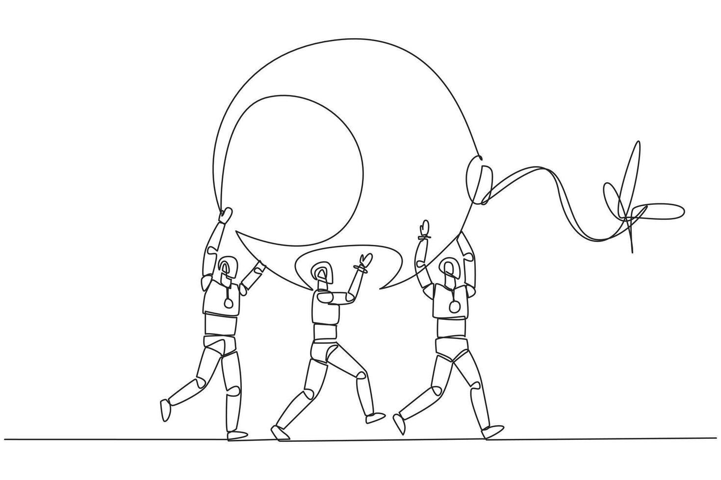 Single continuous line drawing group of robots work together carrying a big bomb with fuse lit. Hazard detector. Get rid of distractions. Future technology concept. One line design illustration vector