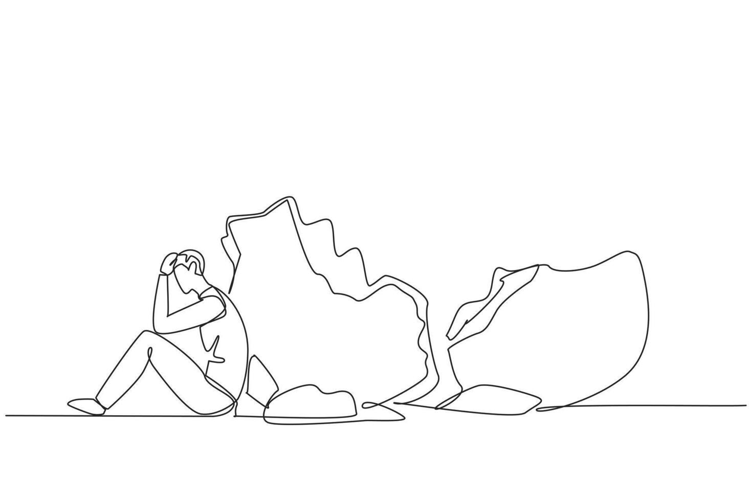 Single one line drawing businessman sit slump next to a large, destroyed piggy bank. Helpless. Not having a good financial plan. Financial problem. Mistake. Continuous line design graphic illustration vector