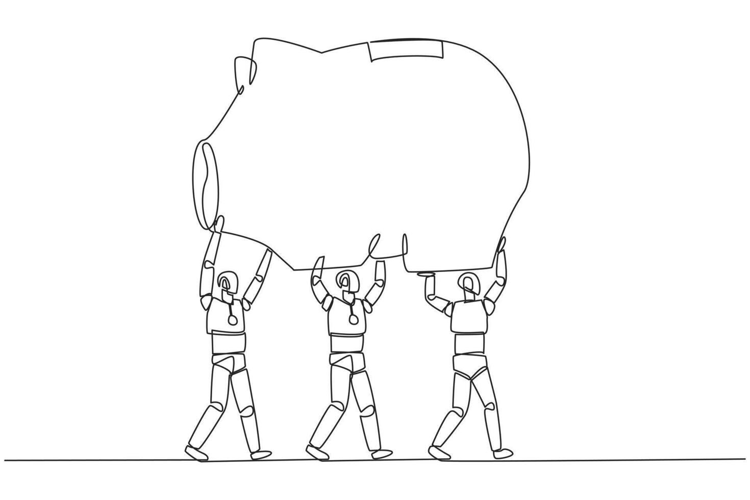 Single continuous line drawing group of robots work together carrying a piggy bank. Reminding the importance of investment. Not wasteful. Future technology concept. One line design illustration vector