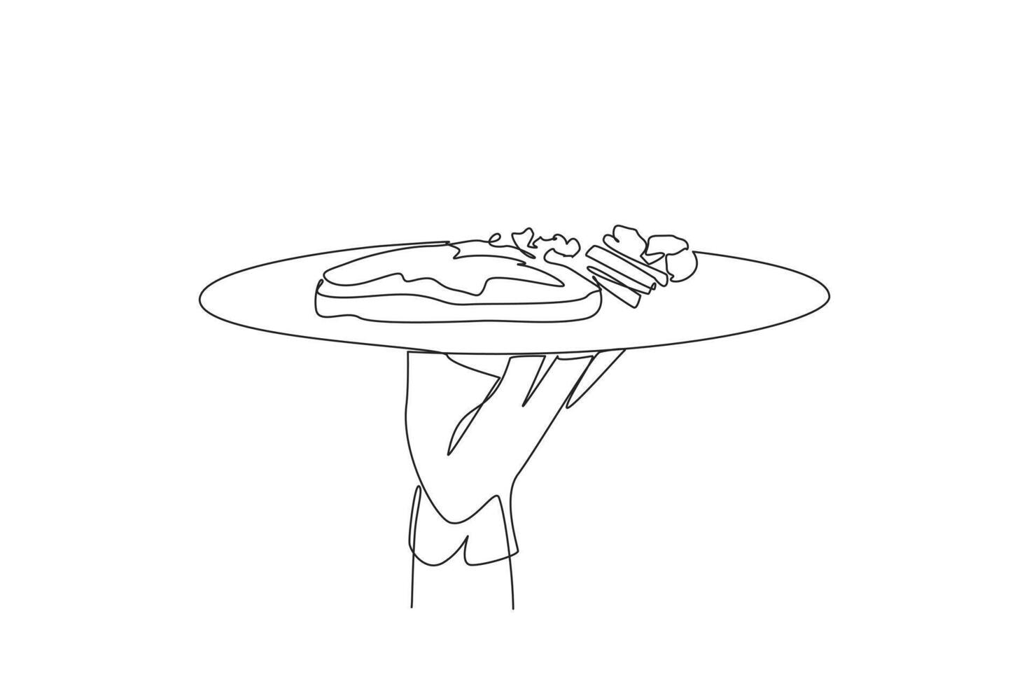 Single one line drawing waiter holding food tray serving steak. Tenderloin. Sirloin. Rib eye. Wagyu. Has a level of maturity rare, medium, well done. Continuous line design graphic illustration vector