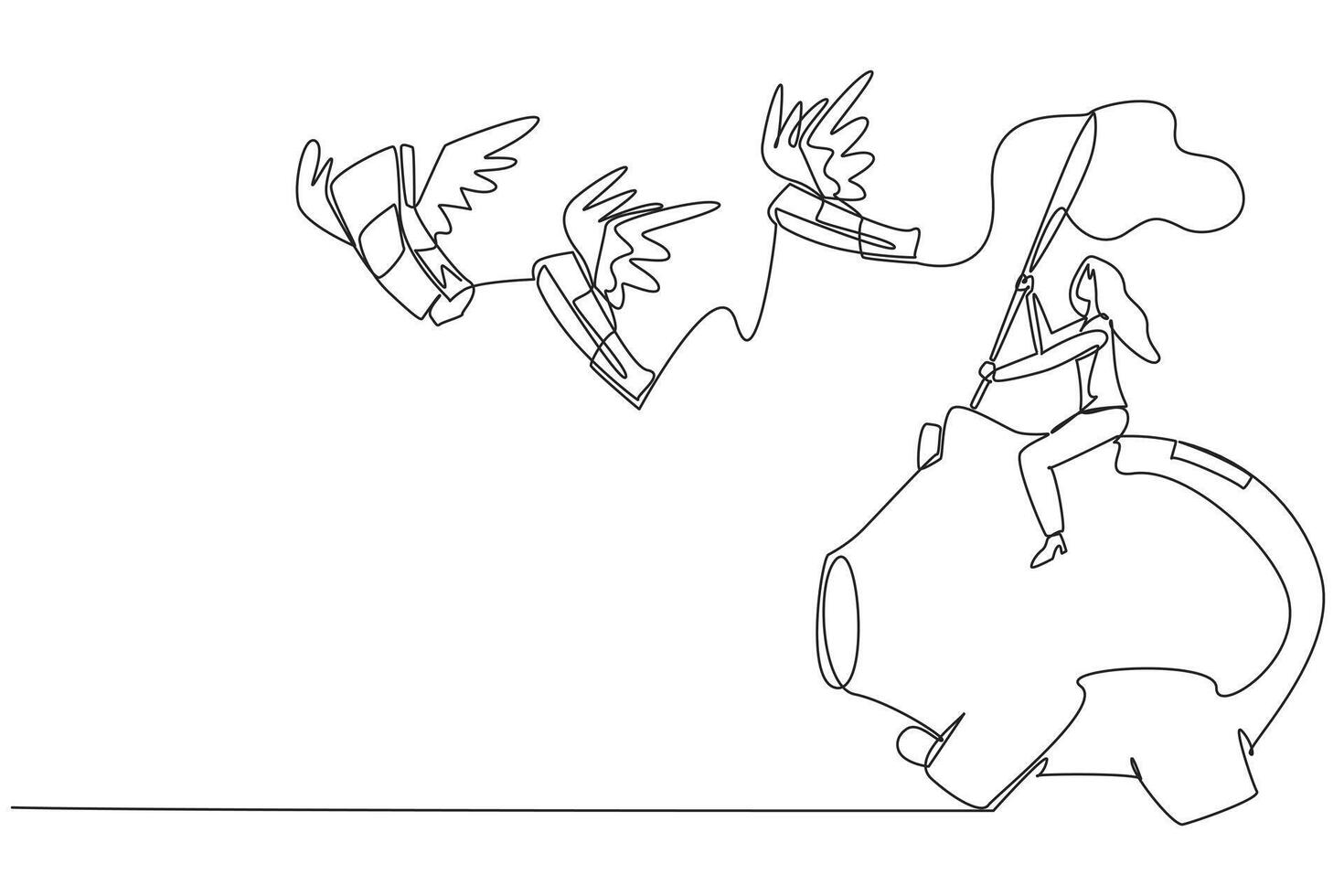 Single one line drawing businesswoman riding piggy bank catching flying banknotes. Hit by a financial crisis. Unstable finances. Trying to get capital. Continuous line design graphic illustration vector