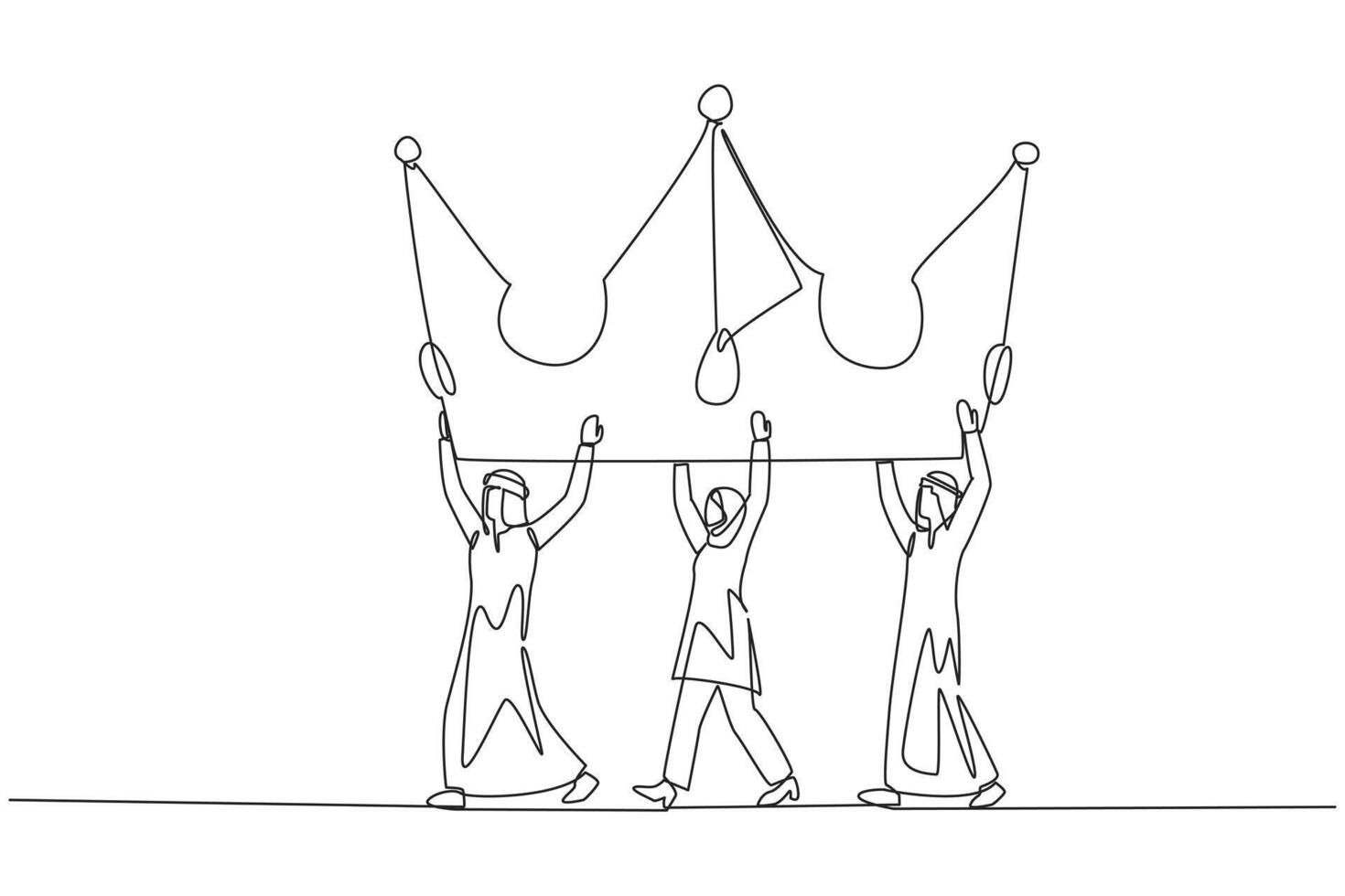 Continuous one line drawing a group of Arab businessmen and Arab businesswomen work together carrying crown. Work hard together. Expand the business empire. Single line draw design illustration vector