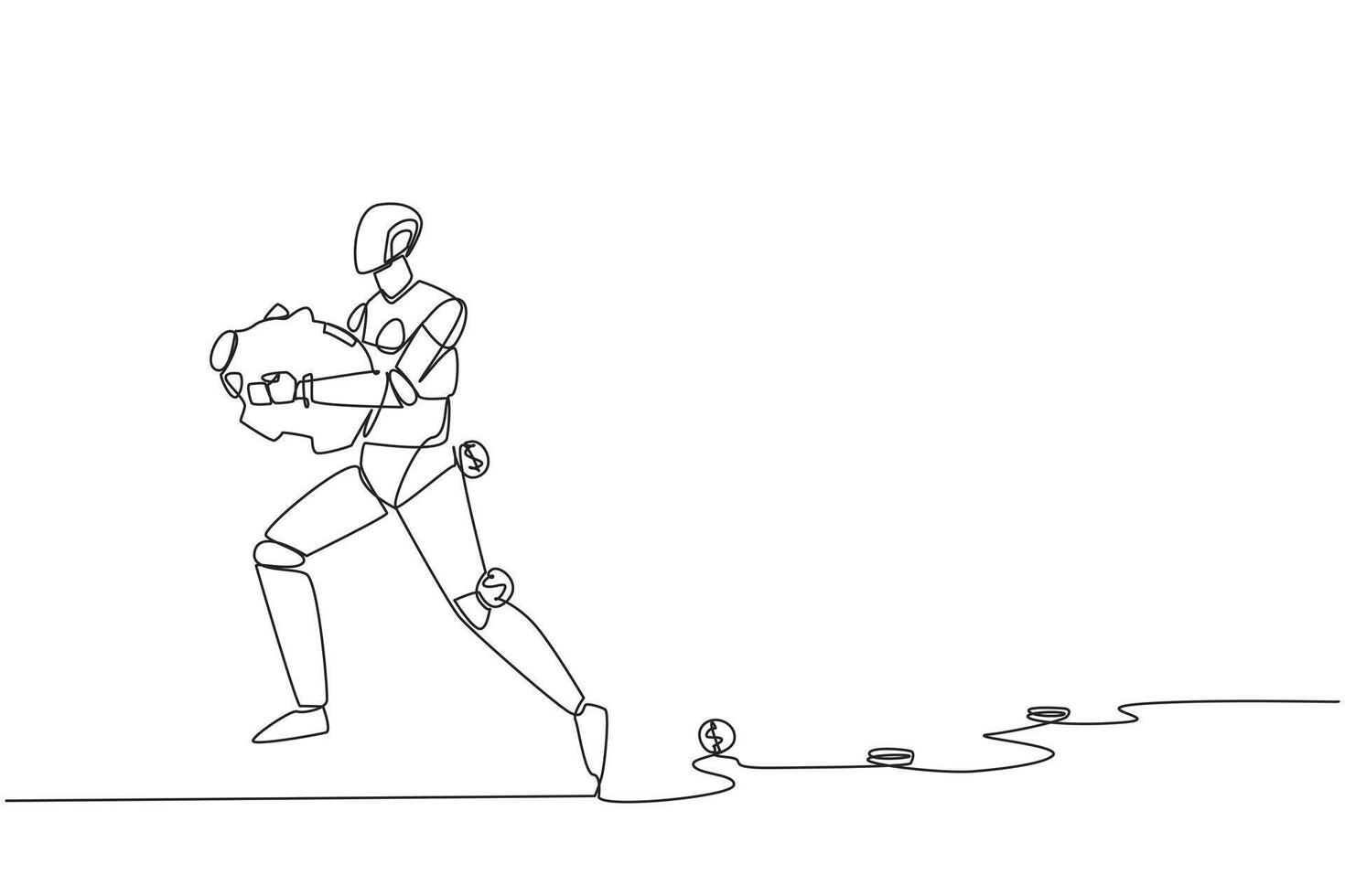 Single one line drawing a robot running while carrying a piggy bank with coins scattered around. Helps maintain profits. Artificial intelligence technology. Continuous line design graphic illustration vector